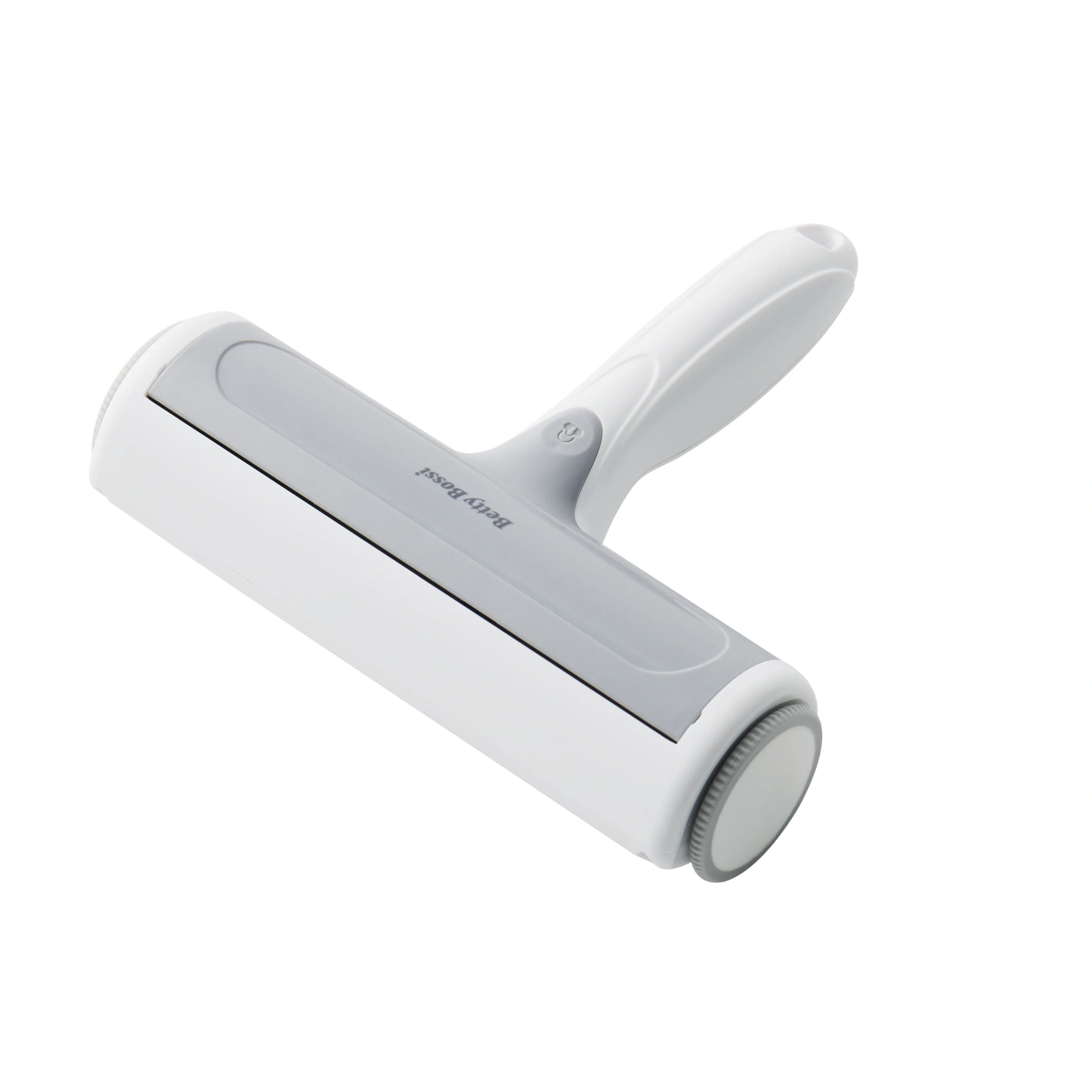 Rouleau anti-peluches blanc avec insert et poignée gris, isolé sur fond blanc