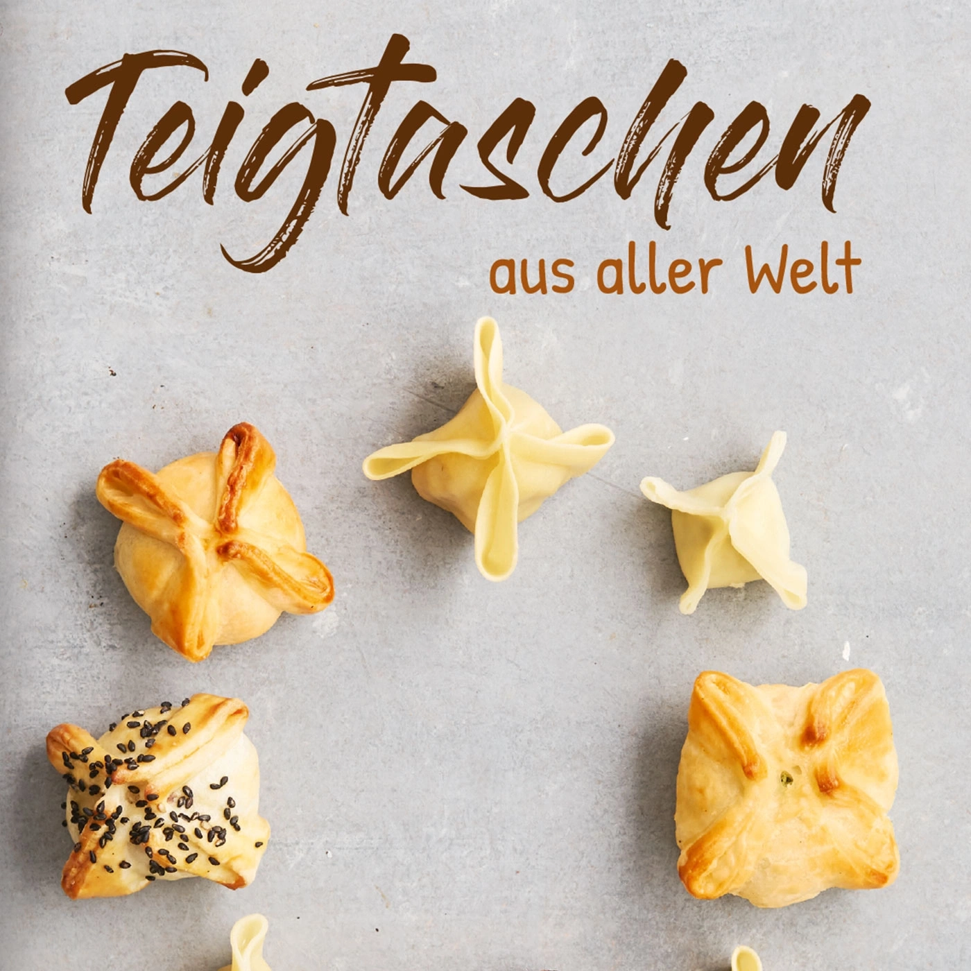 Teigtaschen aus aller Welt, verschiedene Formen und Farben auf grauem Hintergrund.