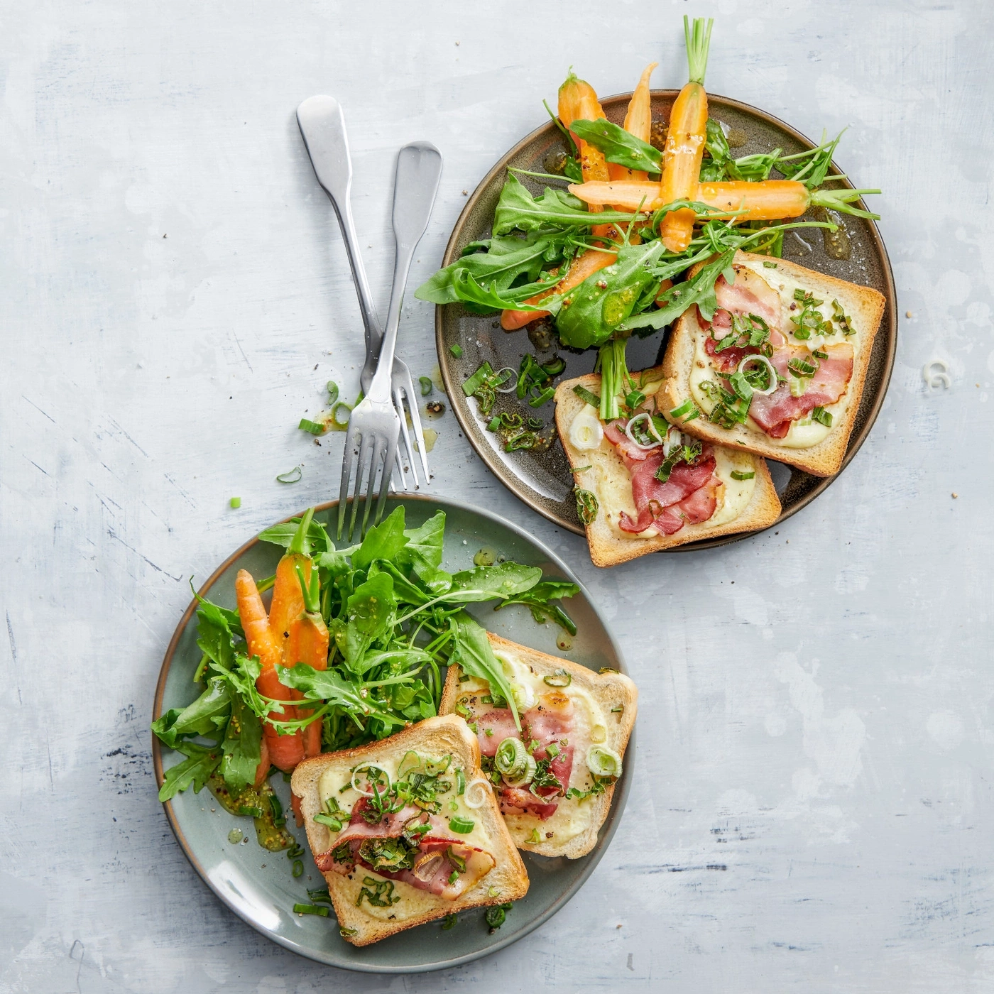 Zwei Teller mit Toast, Salat und Karotten auf grauem Hintergrund.