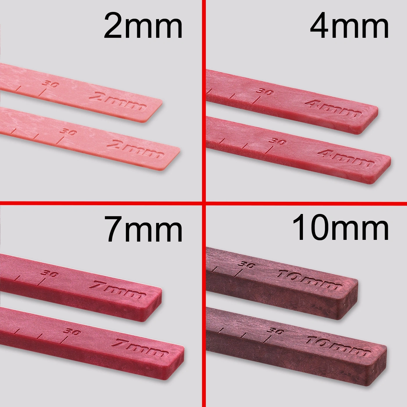 Instruments de mesure avec indications de taille : 2mm, 4mm, 7mm, 10mm.  Marquages sur les instruments.