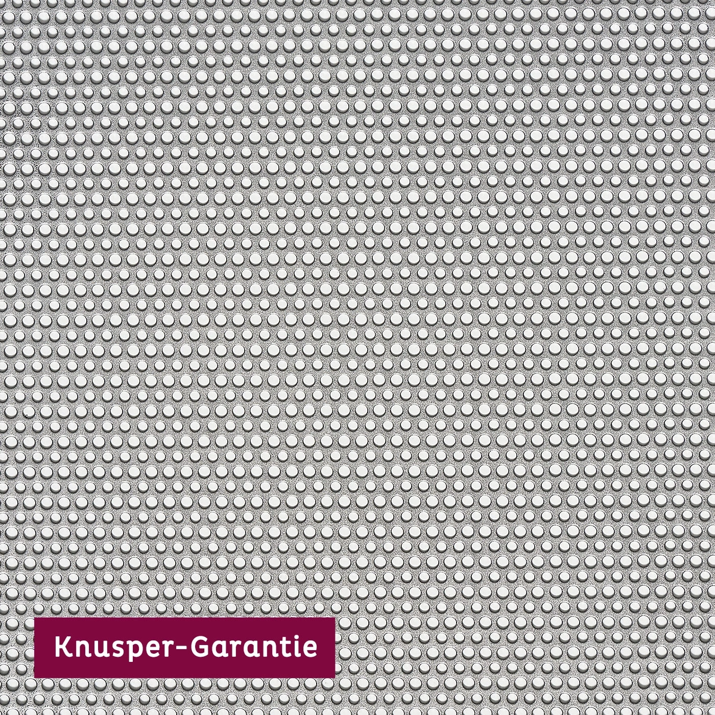Grauer Hintergrund mit vielen kleinen Kreisen und Text 'Knusper-Garantie'.