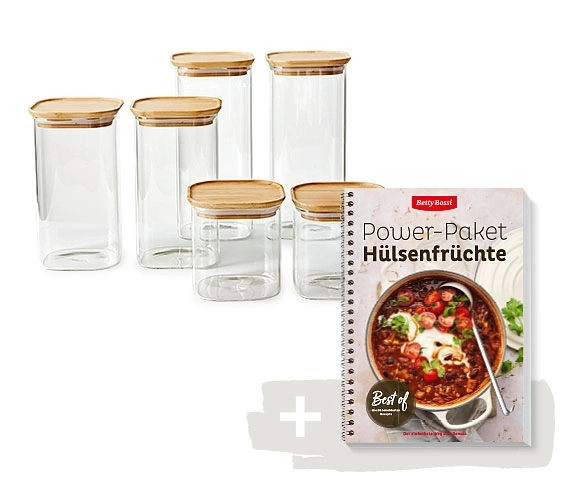Bocaux avec couvercles et livre de cuisine avec soupe, signe plus