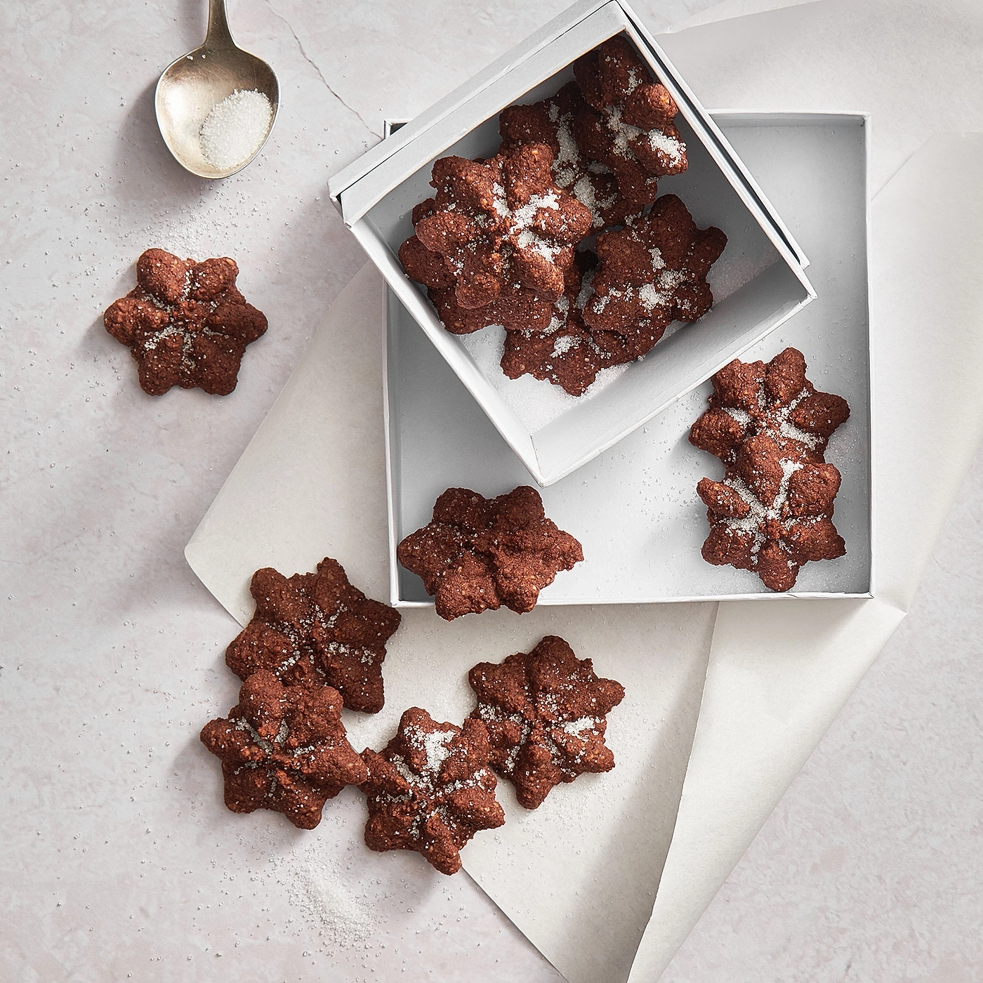 Biscuits au chocolat en boîte et sur papier, saupoudrés de sucre.