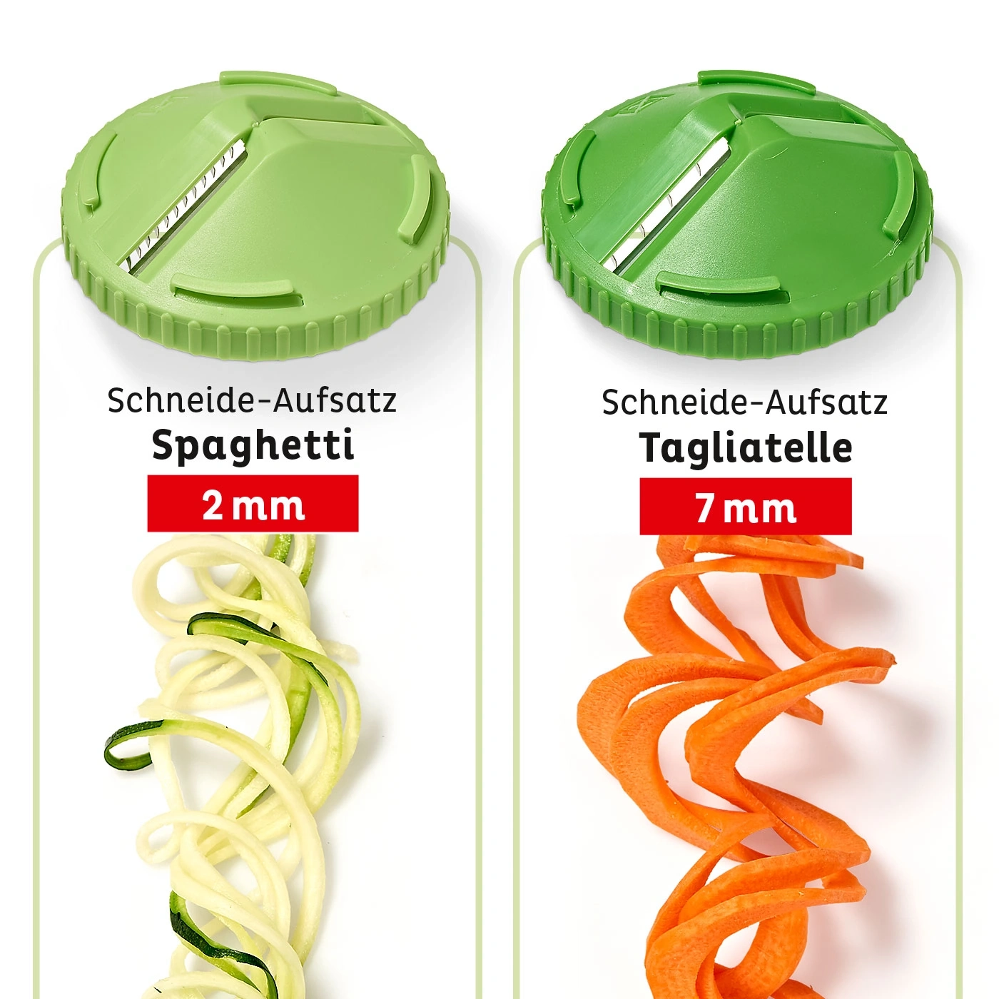 Gemüseschneider mit zwei Aufsätzen für Spaghetti und Tagliatelle, 2mm und 7mm.