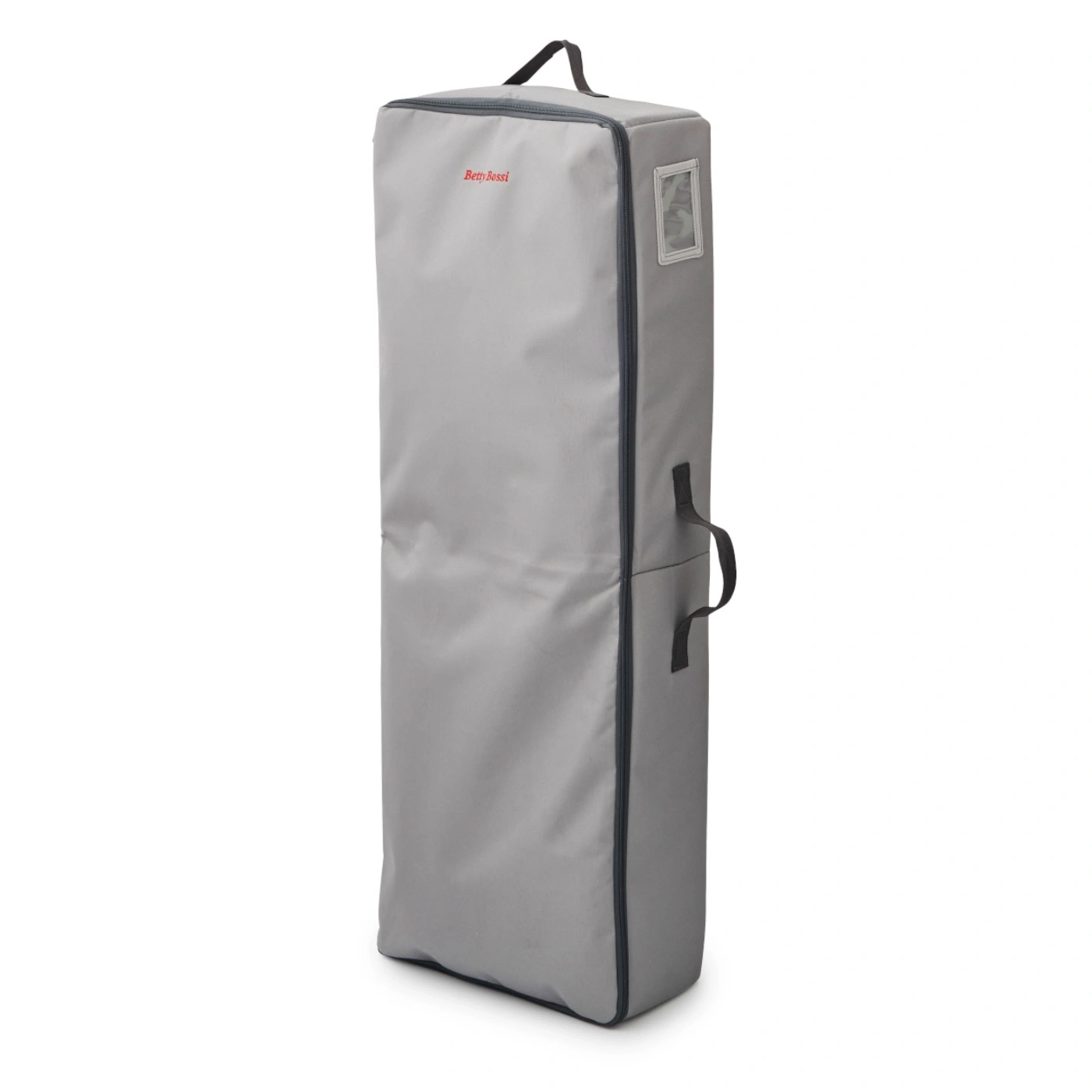 Sac de transport gris avec poignées et logo, pour lit bébé, literie ou jouets.