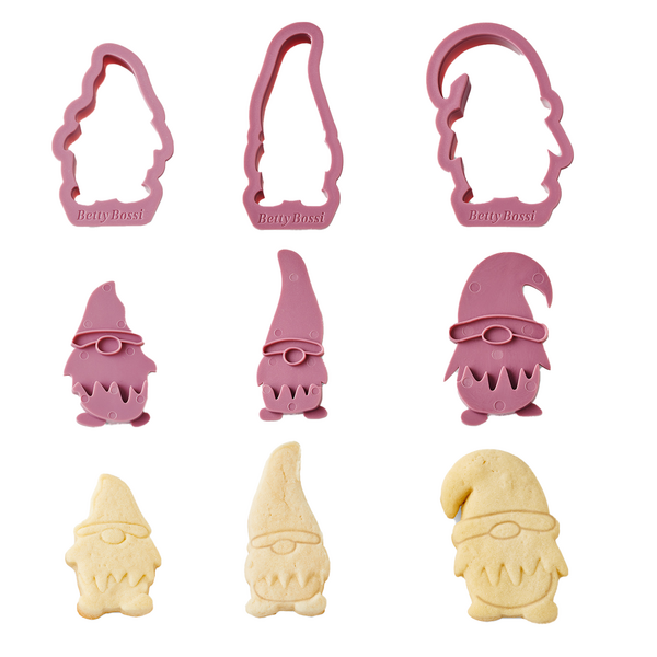 Betty Bossi Guetzli-Ausstecher Wichtel 6-7 cm - 3er-Set Keksausstecher in Form von Zwergen, rosa und gebacken, isoliert auf weißem Hintergrund.