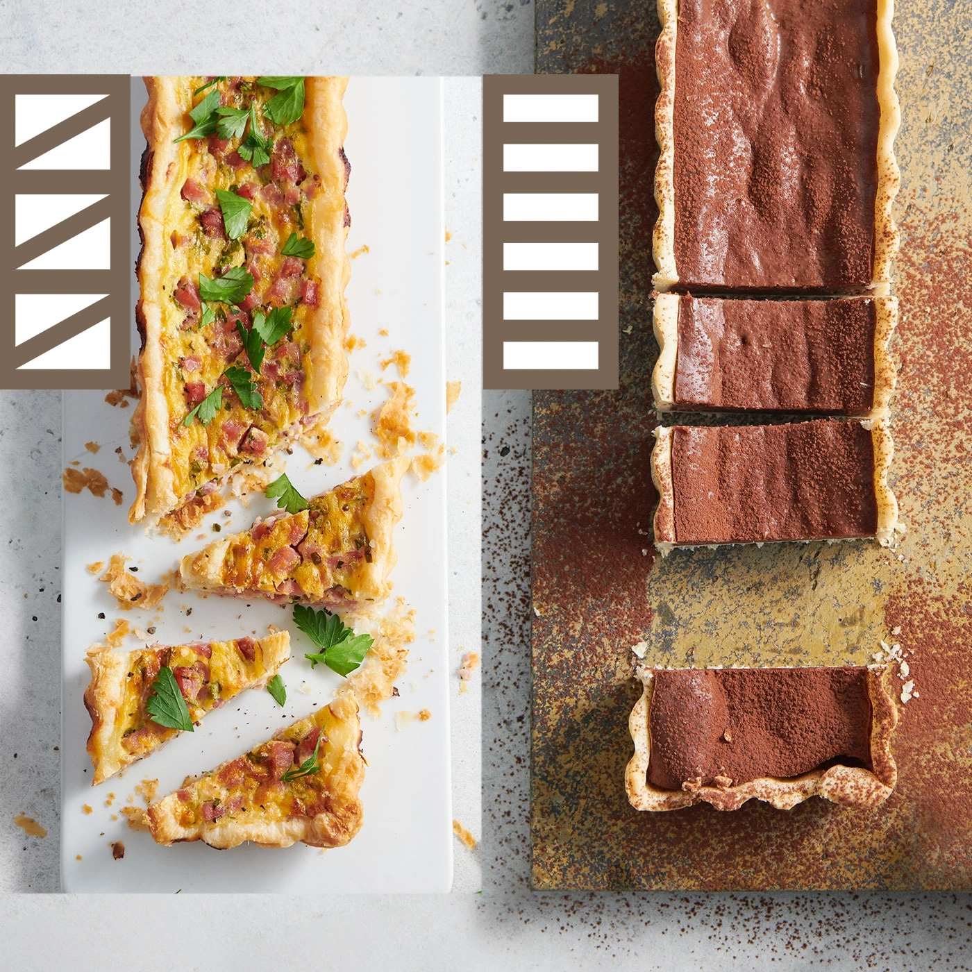 Zwei Tartes, eine herzhaft, eine süß, auf rustikalem Hintergrund, geschnitten.