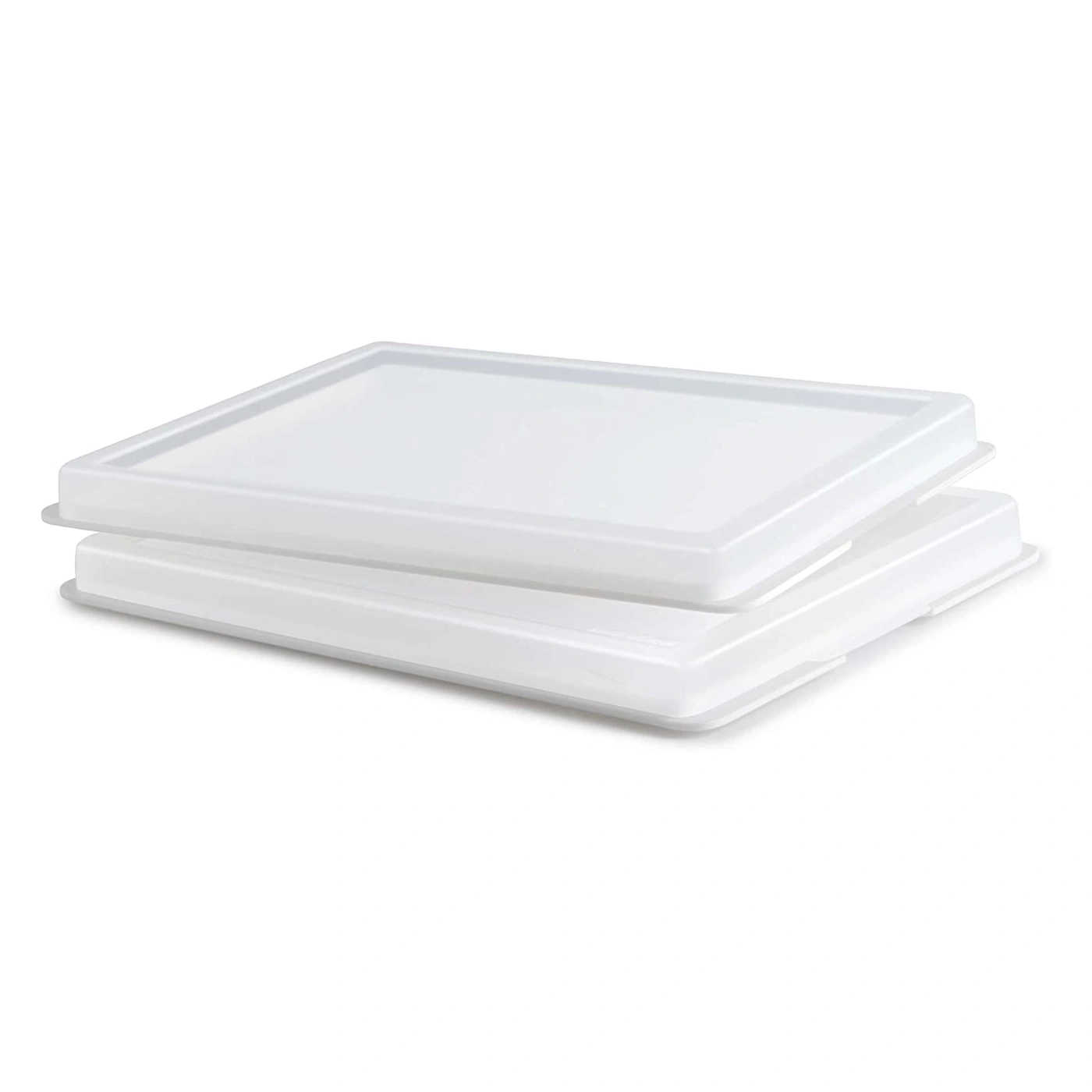 Deux couvercles blancs rectangulaires empilés l'un sur l'autre, sur fond blanc.
