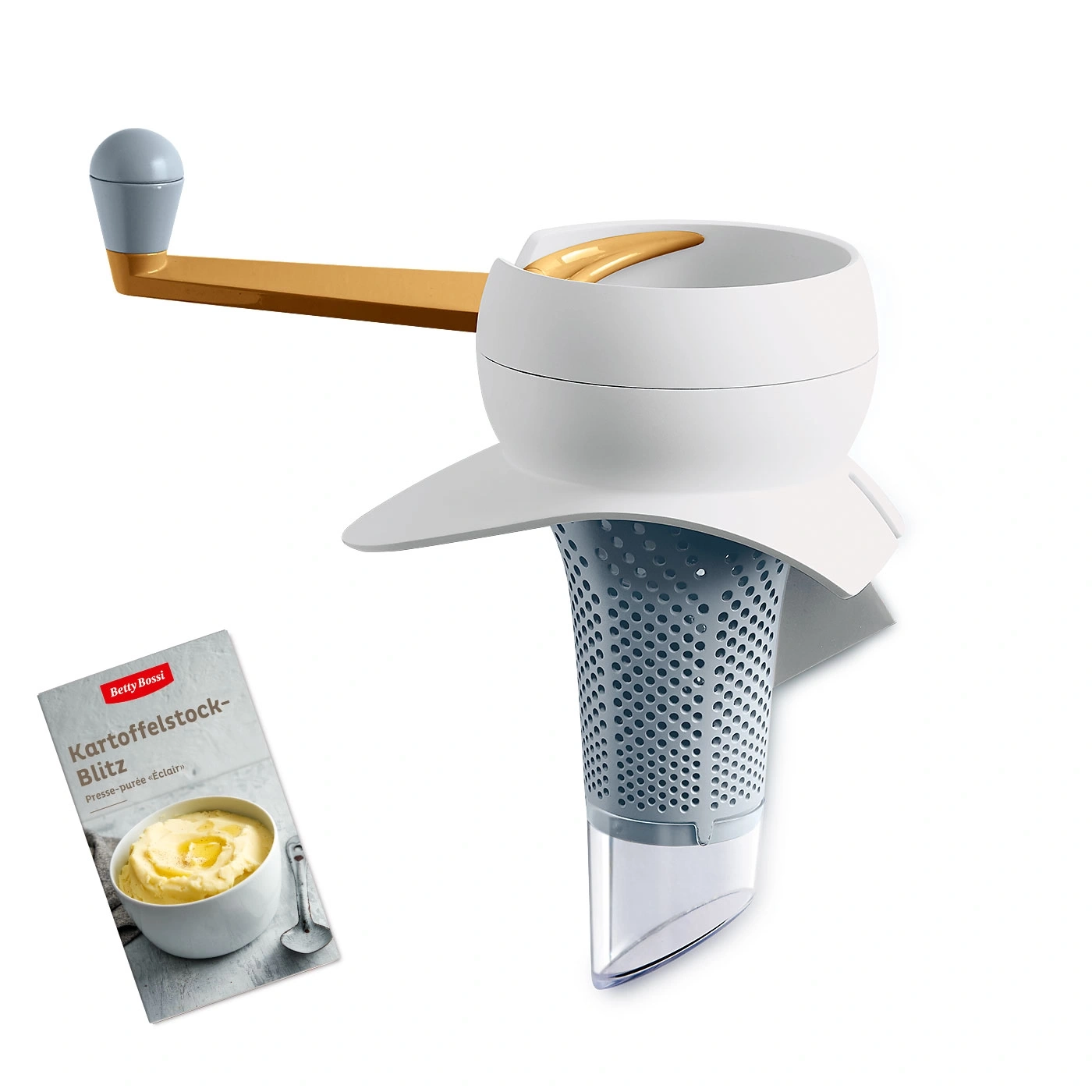 Kartoffelstampfer mit Handkurbel und Rezeptheft, weiß und goldfarben.