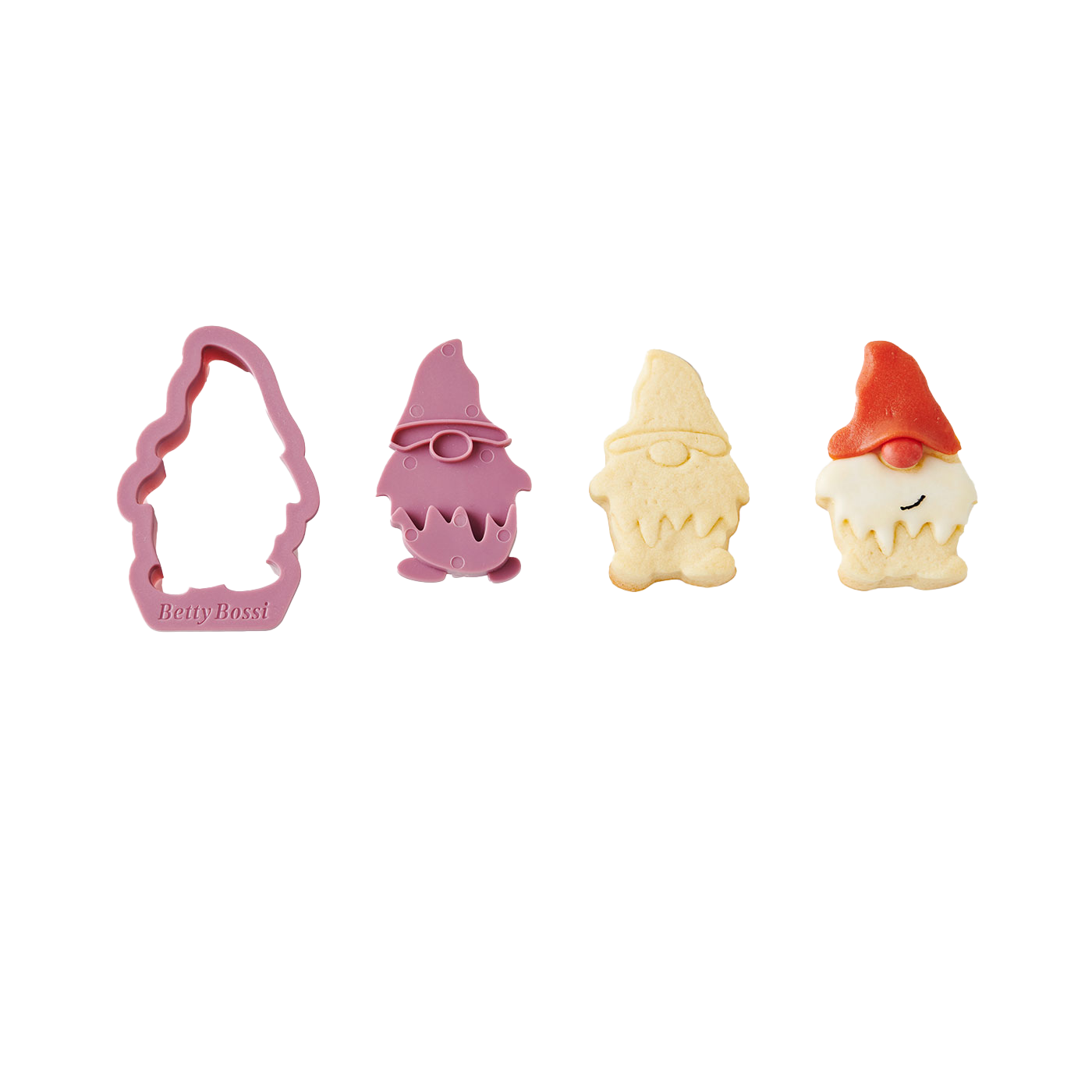 Keksformen und Kekse in Form von Zwergen auf weißem Hintergrund.