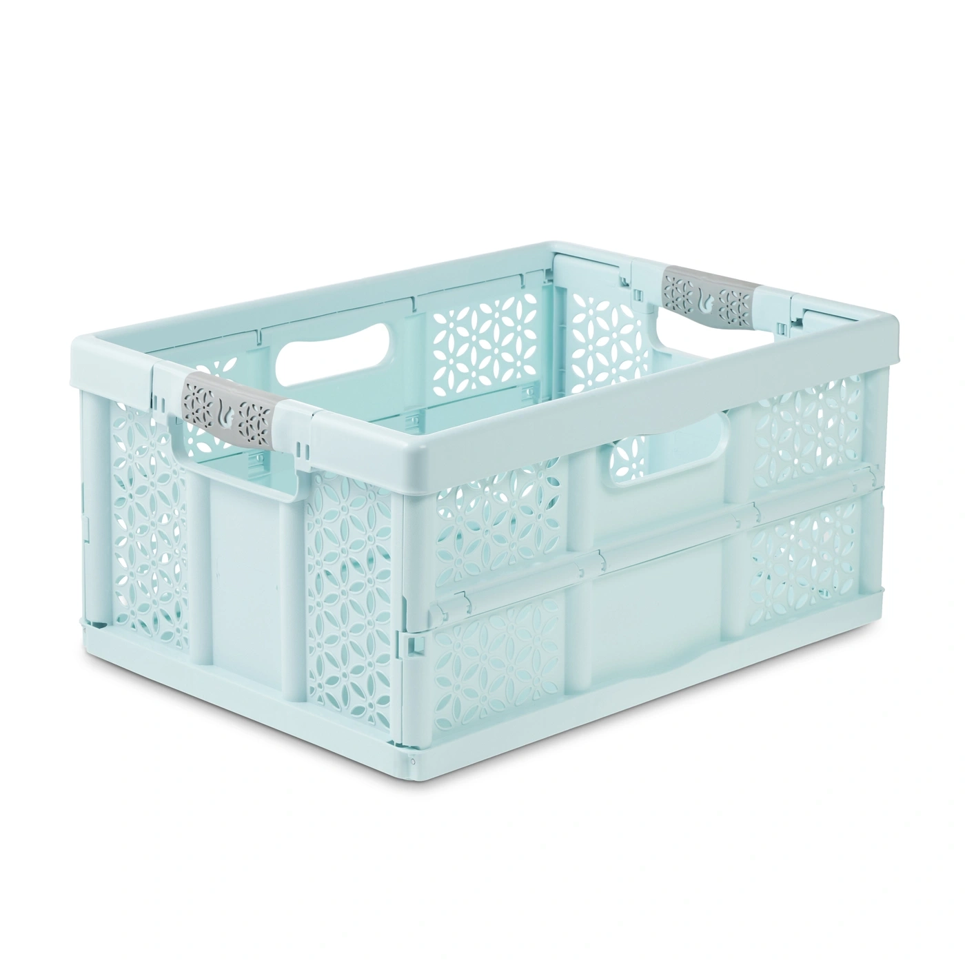 Boîte de rangement pliable bleu clair à motif floral.