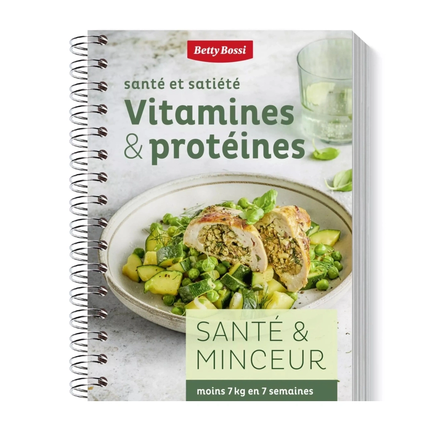 Livre de cuisine "Vitamines & protéines" de Betty Bossi avec un plat et des textes en français.