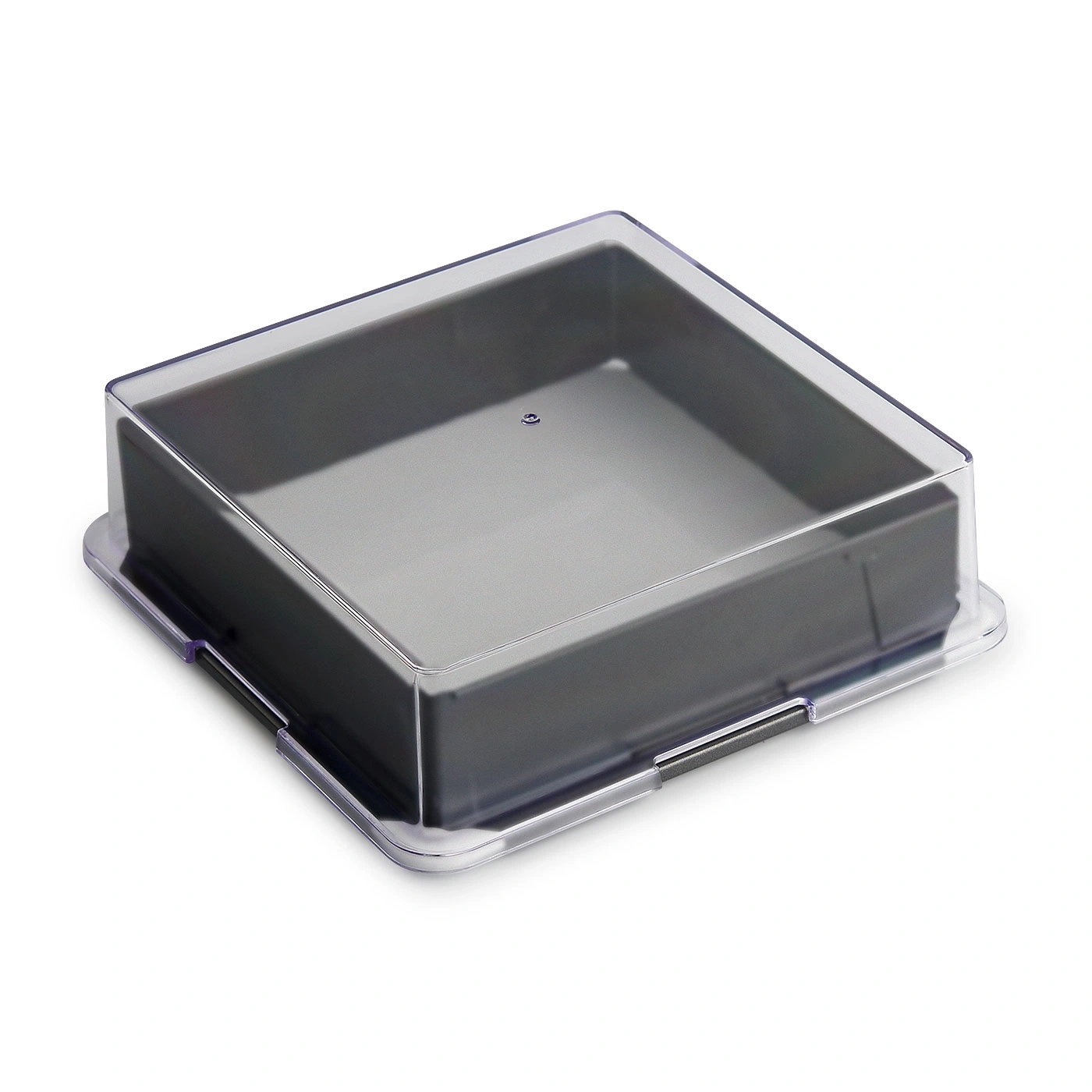 Transparente rechteckige Box mit Deckel, isoliert auf weißem Hintergrund