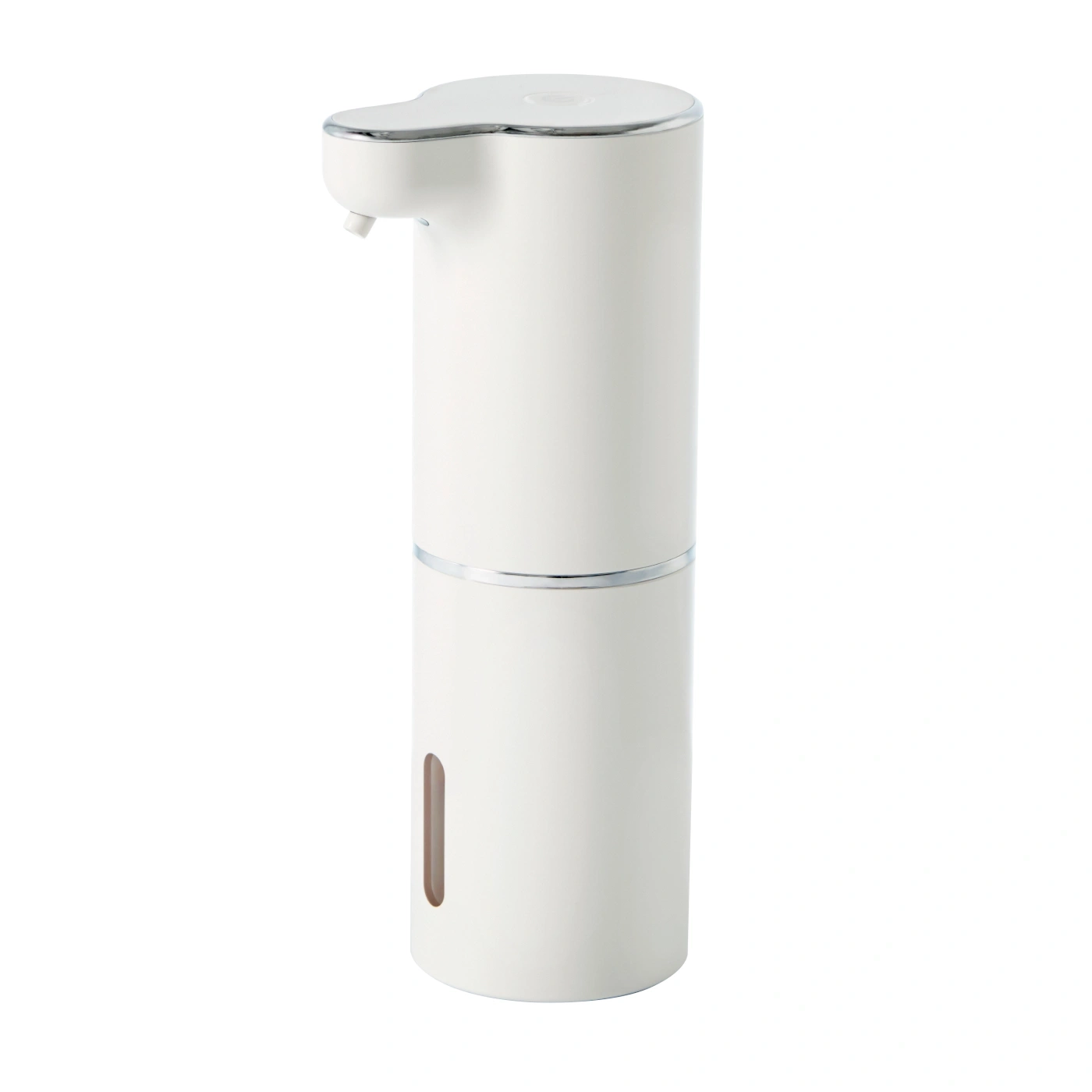 Distributeur de savon automatique blanc avec des accents argentés et une fenêtre de visualisation.