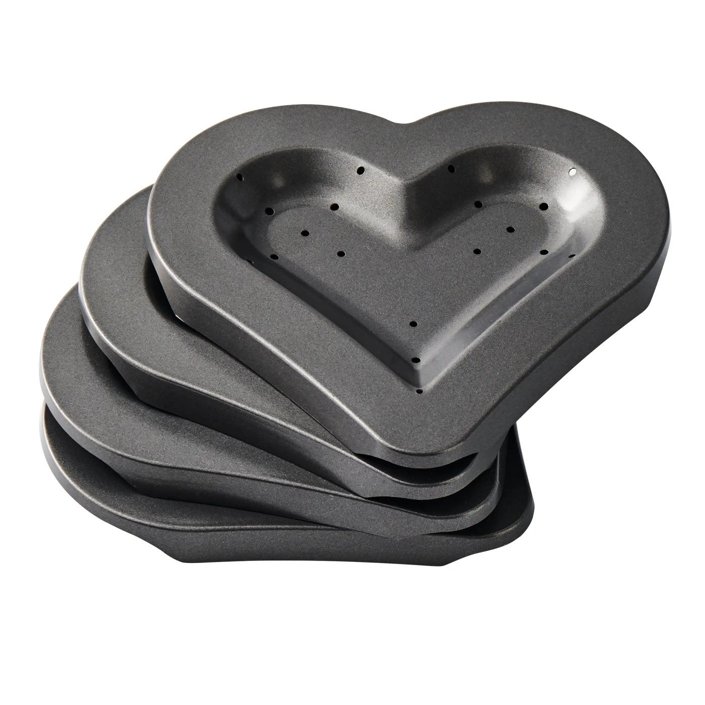 Moules à pâtisserie en forme de cœur, empilés, gris, cuisine, pâtisserie, moules, métal, gros plan
