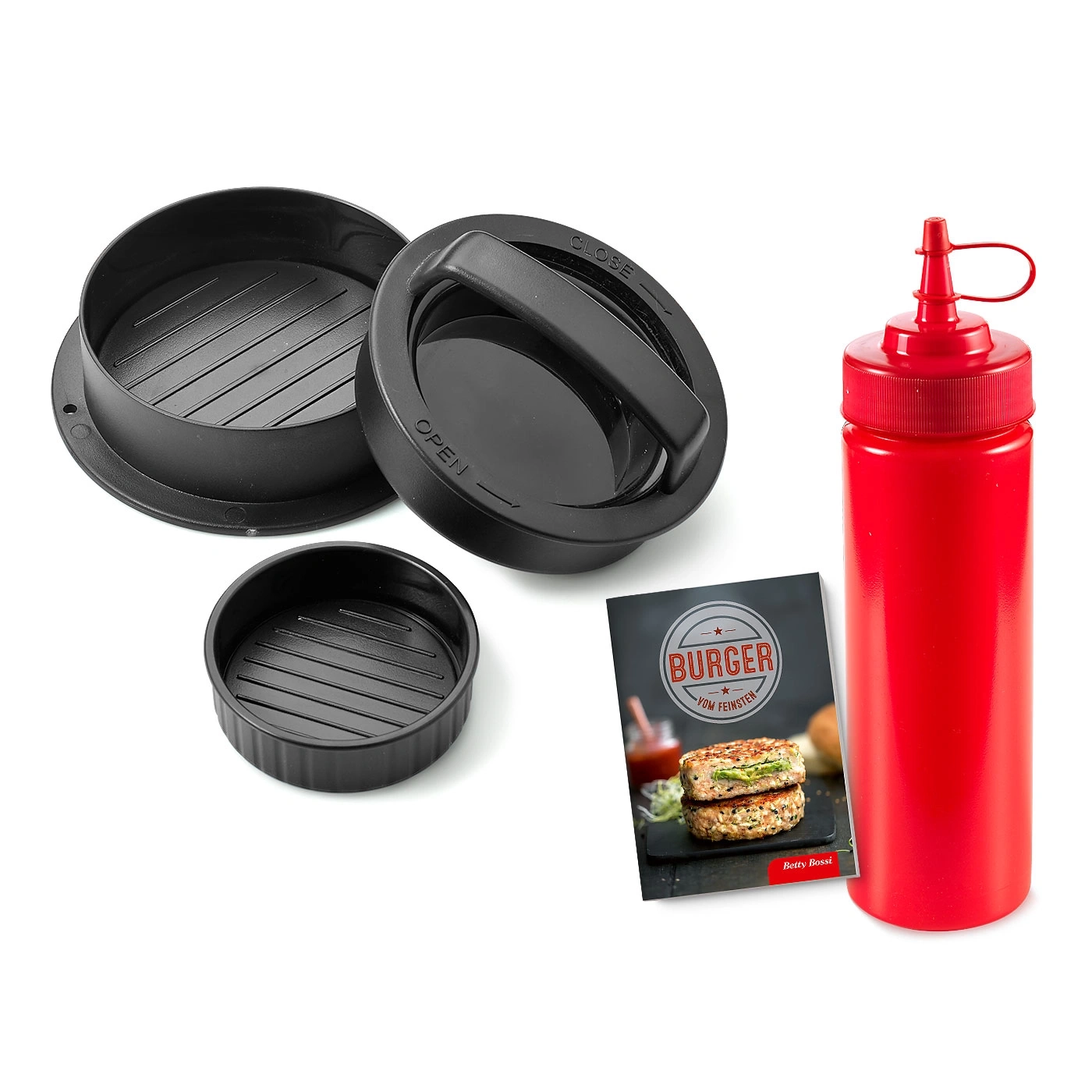 Burgerpresse, Ketchupflasche und Kochbuch mit Burger-Rezepten.