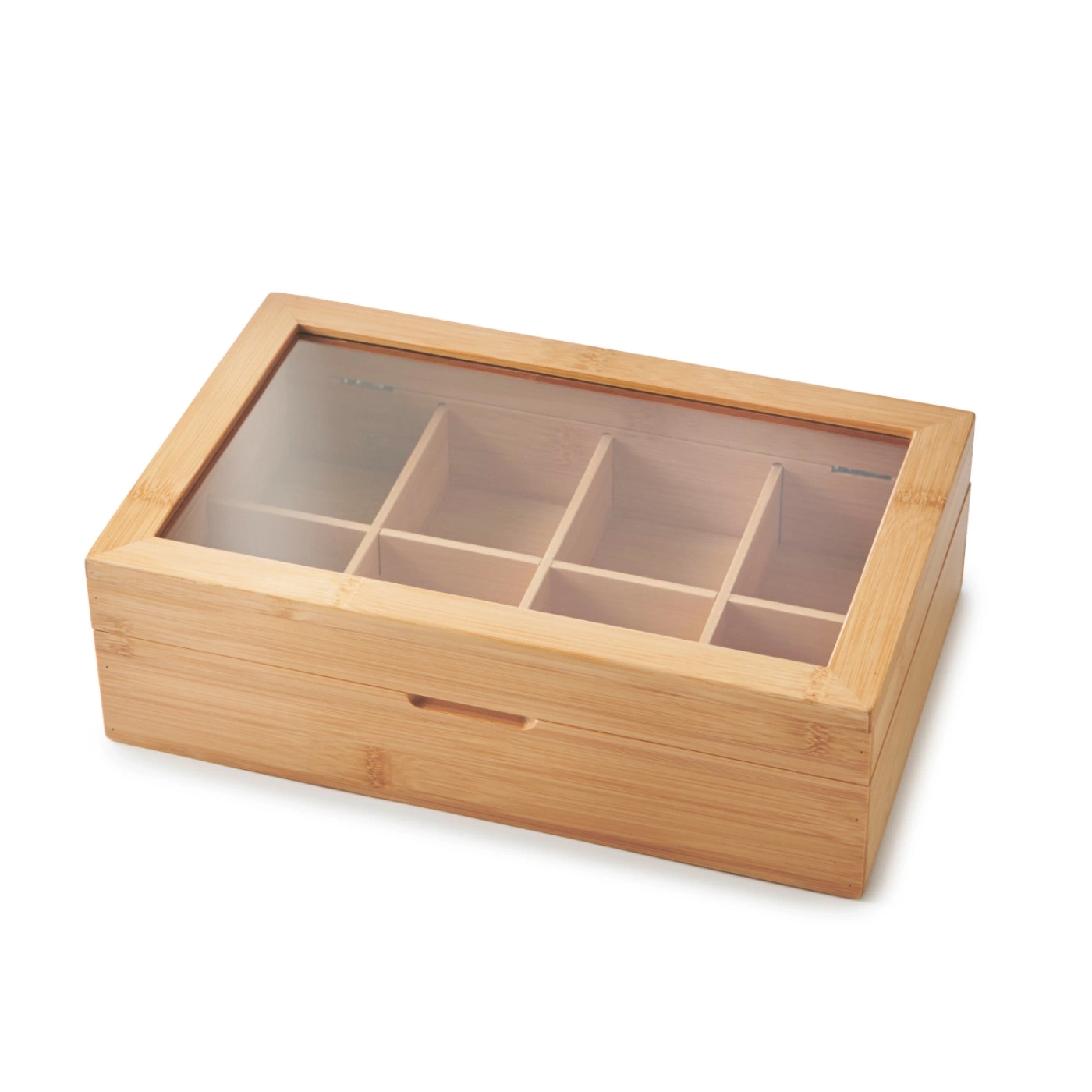 Boîte en bois avec couvercle en verre et compartiments, parfaite pour sachets de thé.