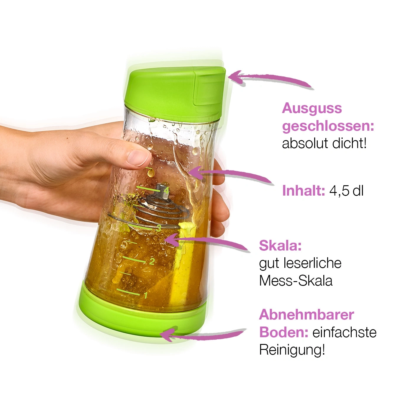 Salatdressing-Shaker mit Messskala, abnehmbarem Boden und dichtem Ausguss.