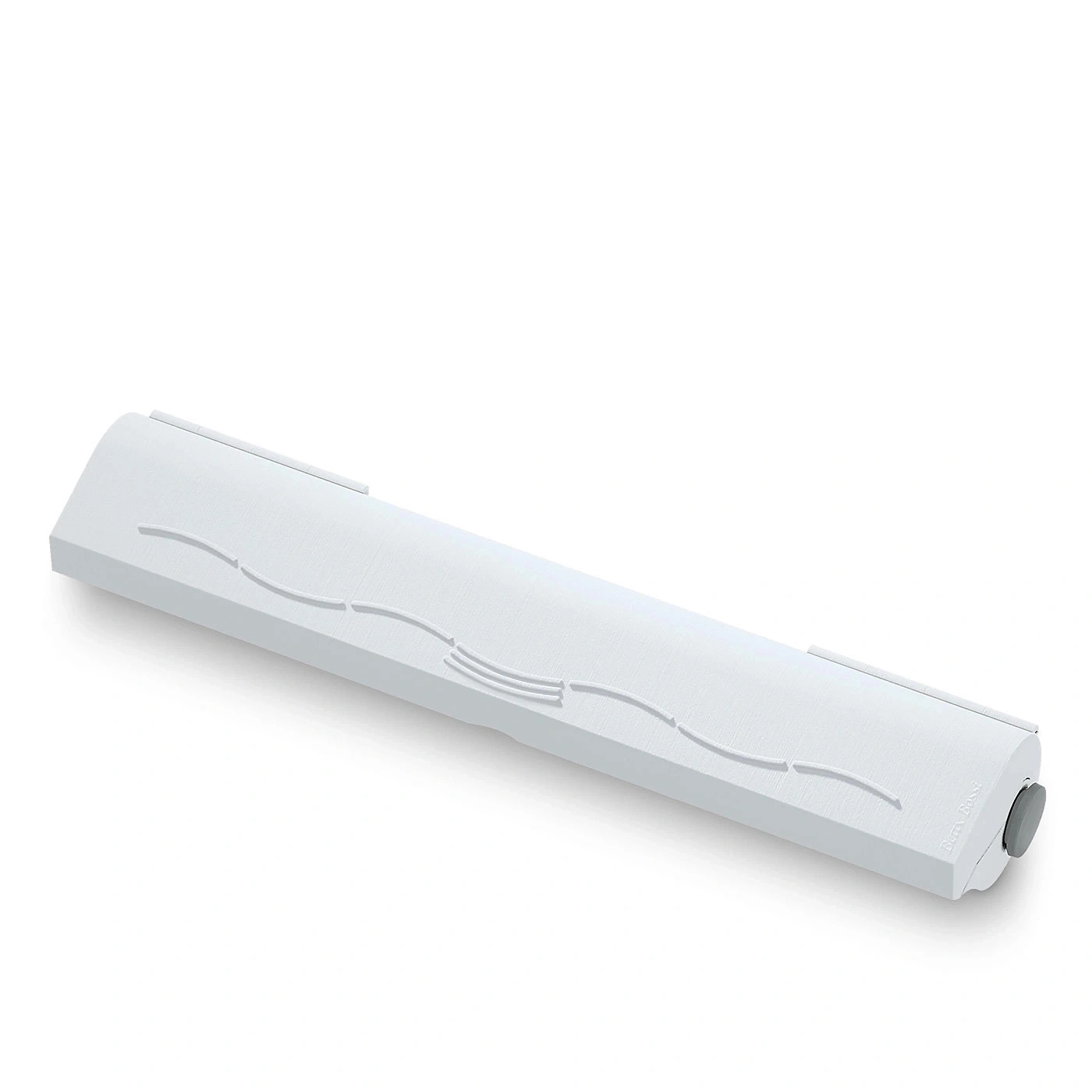 Objet blanc avec des lignes ondulées et un bouton gris, design minimaliste.