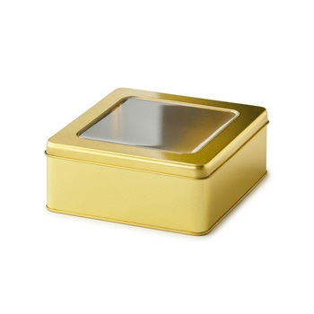 Boîte carrée dorée avec couvercle transparent, isolée sur fond blanc