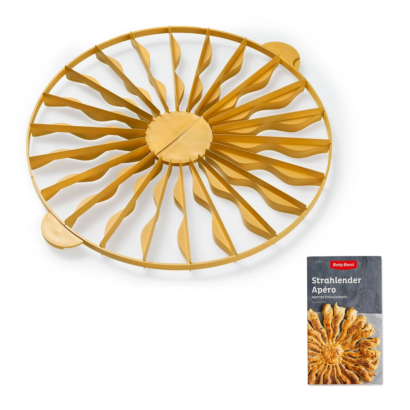 Goldener Kuchenschneider mit Verpackung, Sonnenblumenform, Betty Bossi, Apéro