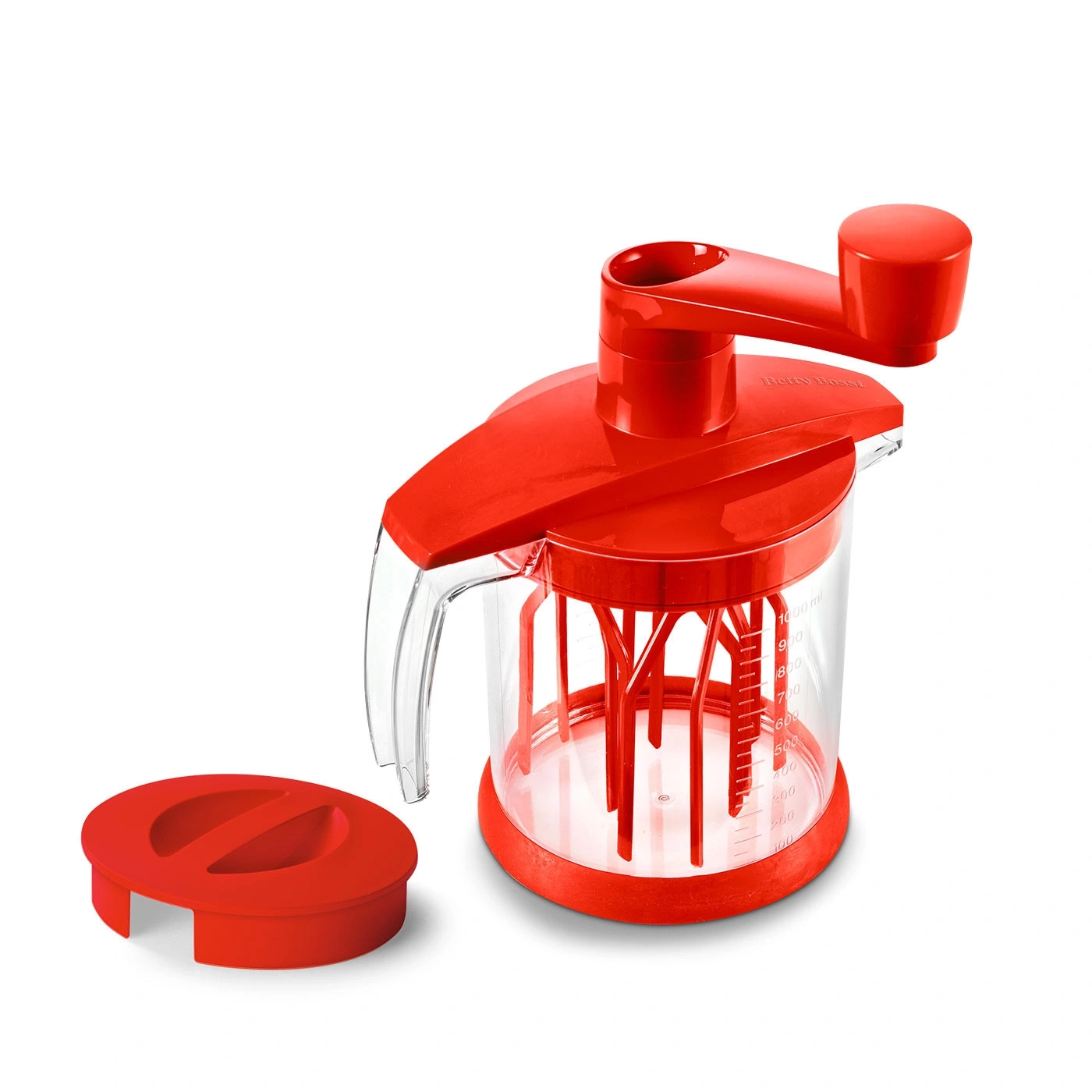 Roter Küchenmixer mit Deckel und Messskala, isoliert auf weißem Hintergrund.