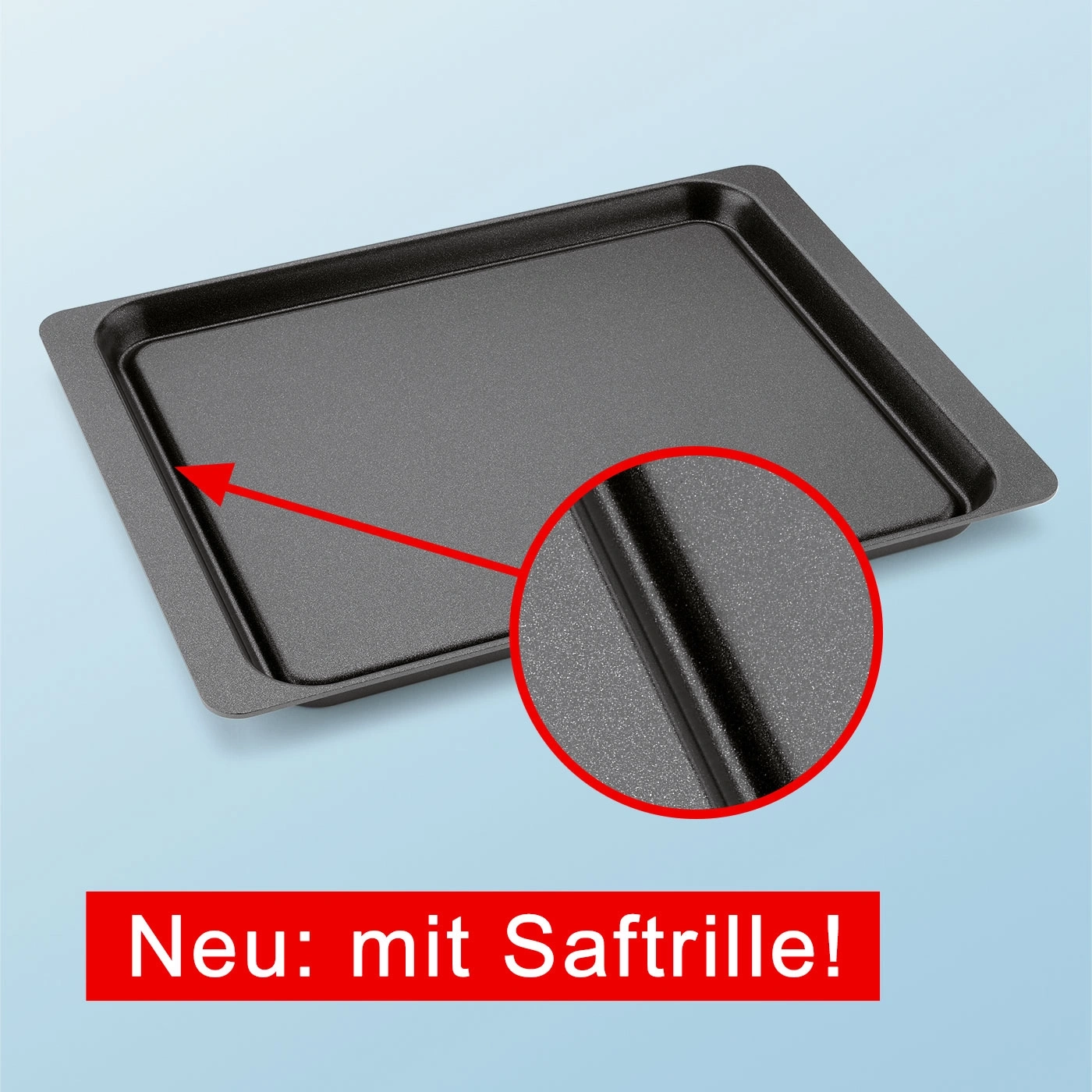 Backblech mit Saftrille, neu, Detailaufnahme, Produktfoto, Küchenutensil, Backen, Küche