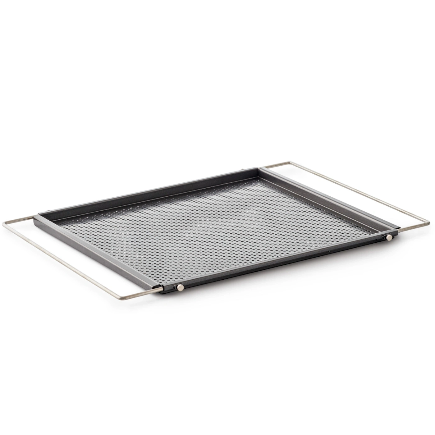 Plaque de cuisson perforée avec poignées, isolée sur fond blanc
