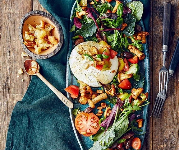 Salat mit Tomaten, Pilzen und Burrata-Käse auf einem blauen Teller.