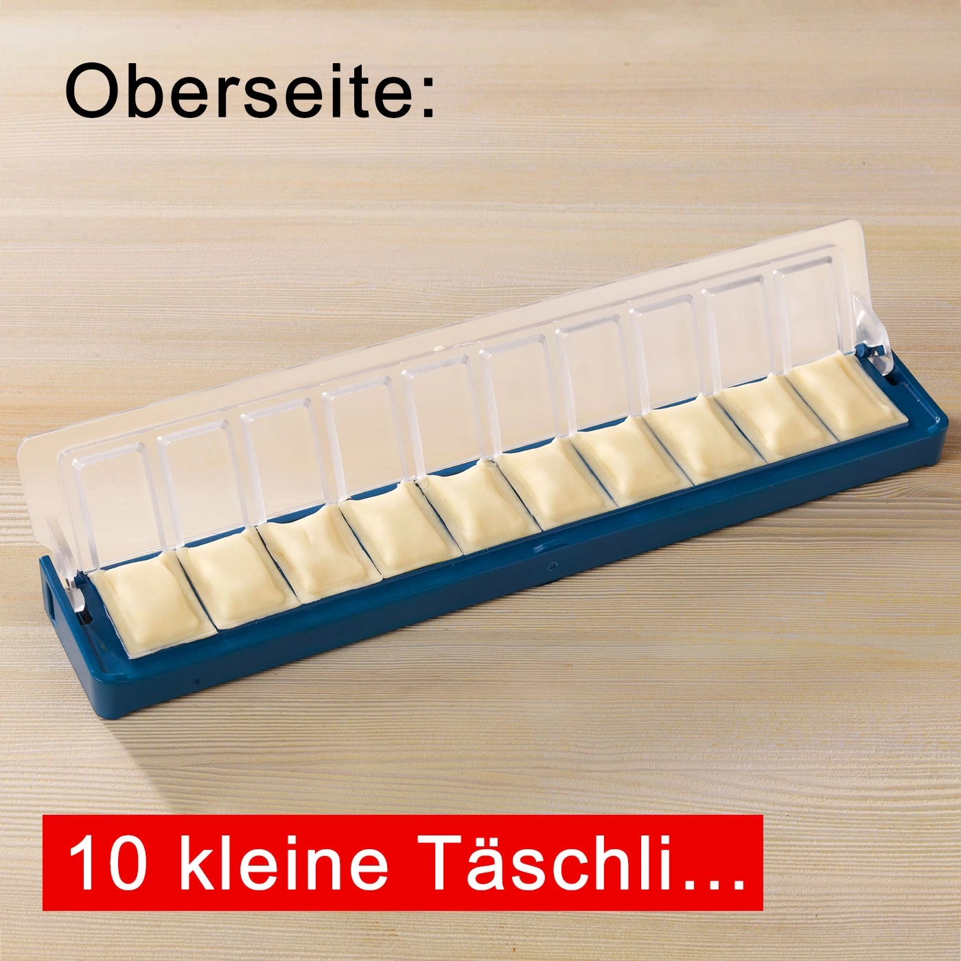Plateau bleu avec 10 petits sachets, dessus, texte rouge.