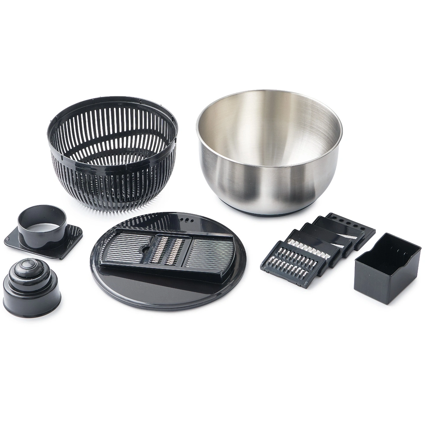 Gemüseschneider-Set mit Schüssel, Korb und verschiedenen Aufsätzen für die Küche.