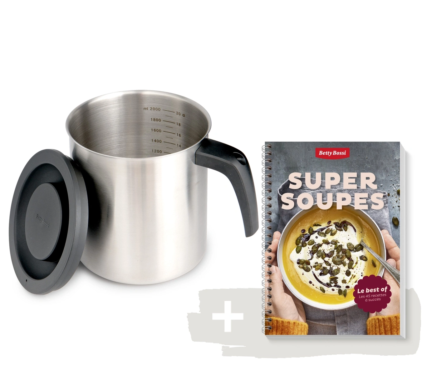 Livre de recettes "Super Soupes" et pichet mesureur avec couvercle