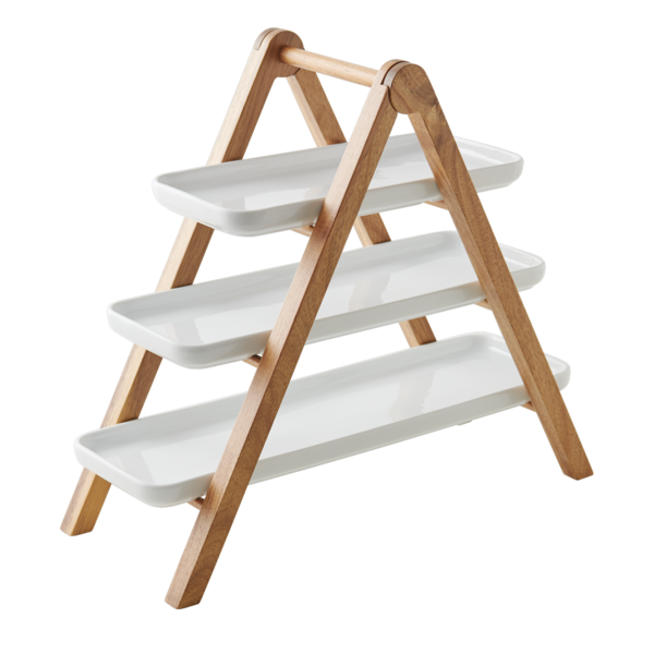 Présentoir à trois niveaux en bois et porcelaine blanche pour collations.