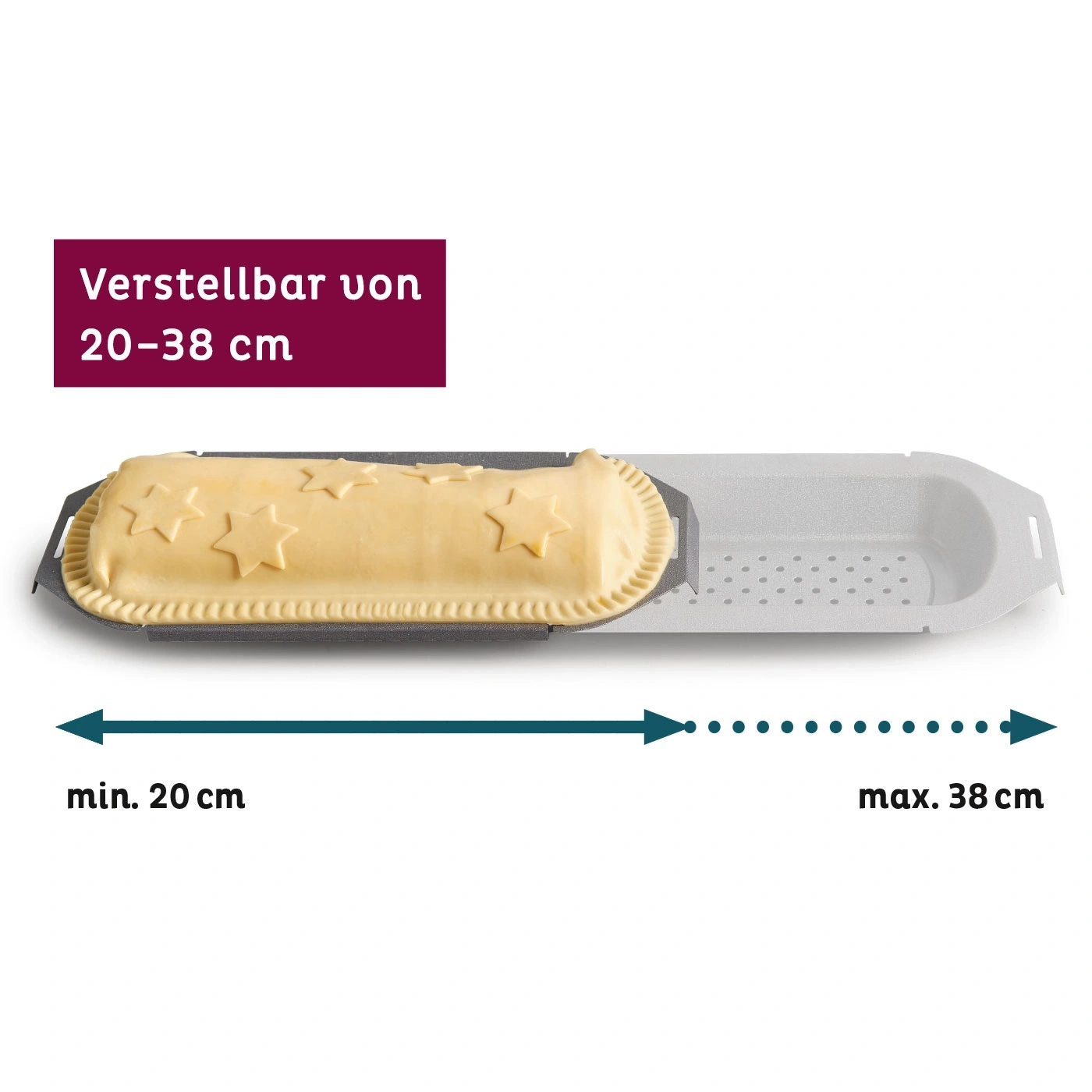 Verstellbare Backform, 20-38 cm, mit Gebäck, minimal 20 cm, maximal 38 cm.