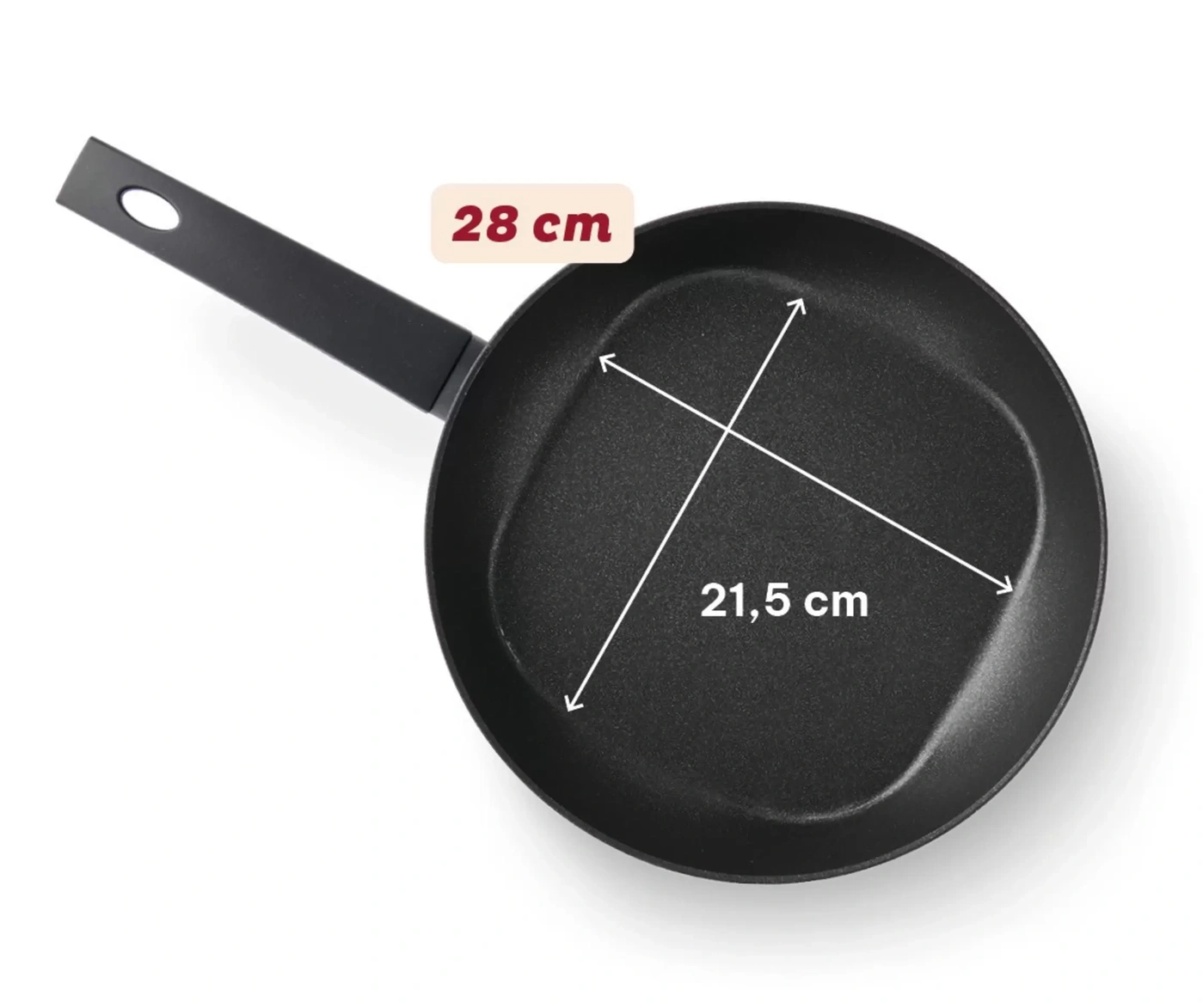 Une poêle noire avec des dimensions de 28 cm et 21,5 cm.