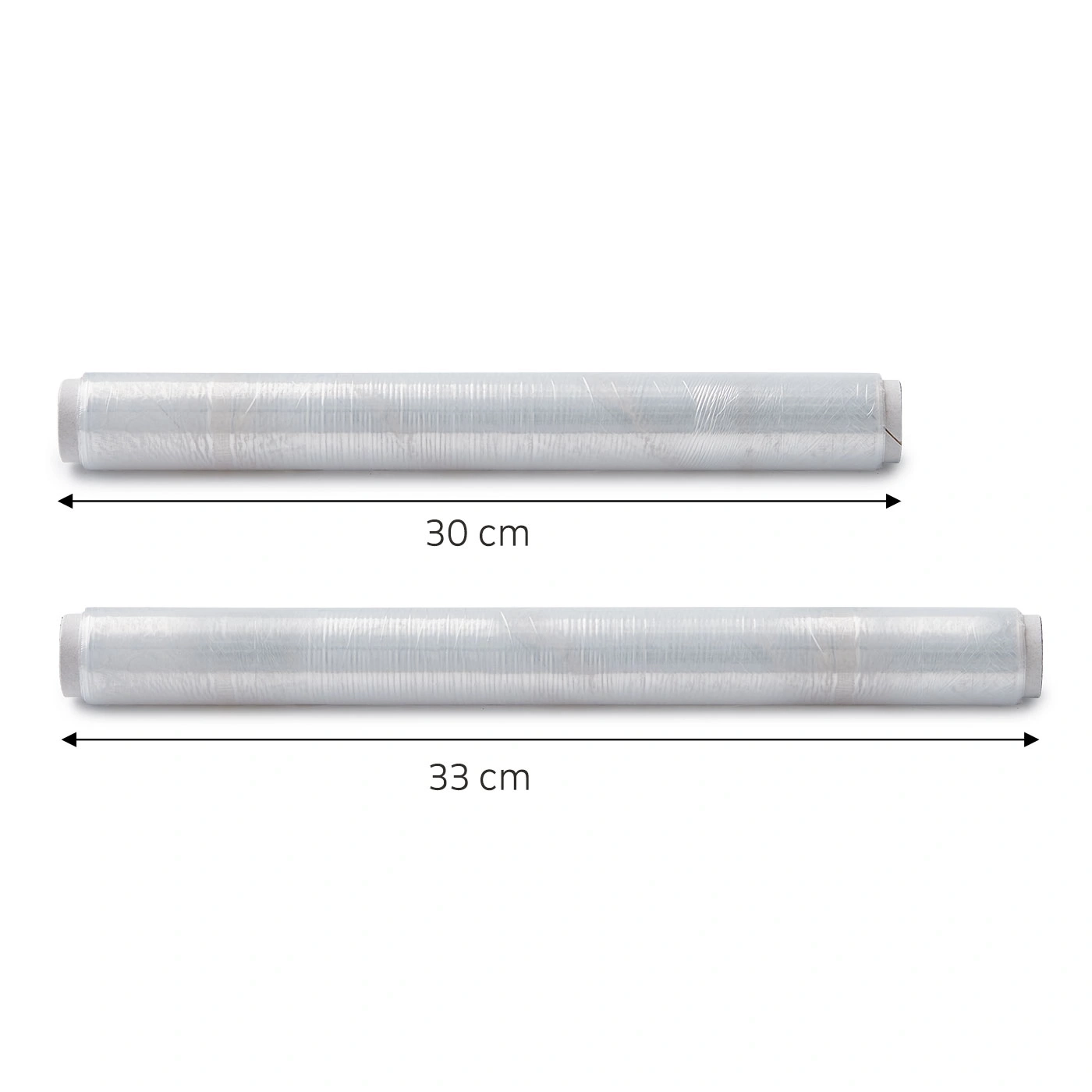 Zwei Rollen Frischhaltefolie, eine 30 cm und eine 33 cm lang.