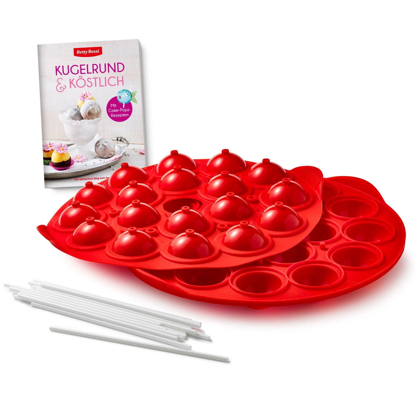 Rotes Kuchenform-Set mit Buch und Stäbchen für Cake-Pops, Betty Bossi.