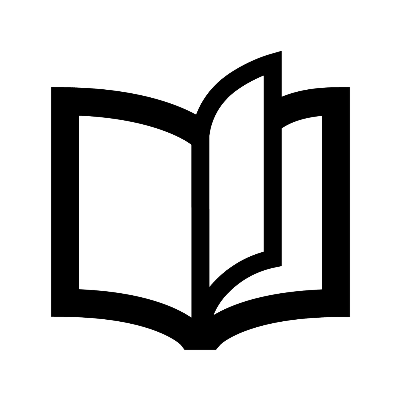 Offenes Buch, weißer Umriss auf schwarzem Hintergrund, Symbol für Wissen und Bildung