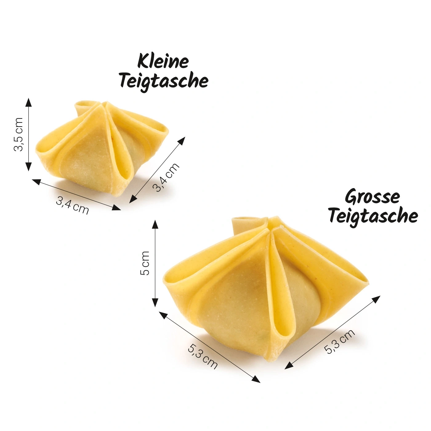 Zwei Teigtaschen, eine kleine und eine große, mit Größenangaben in cm.