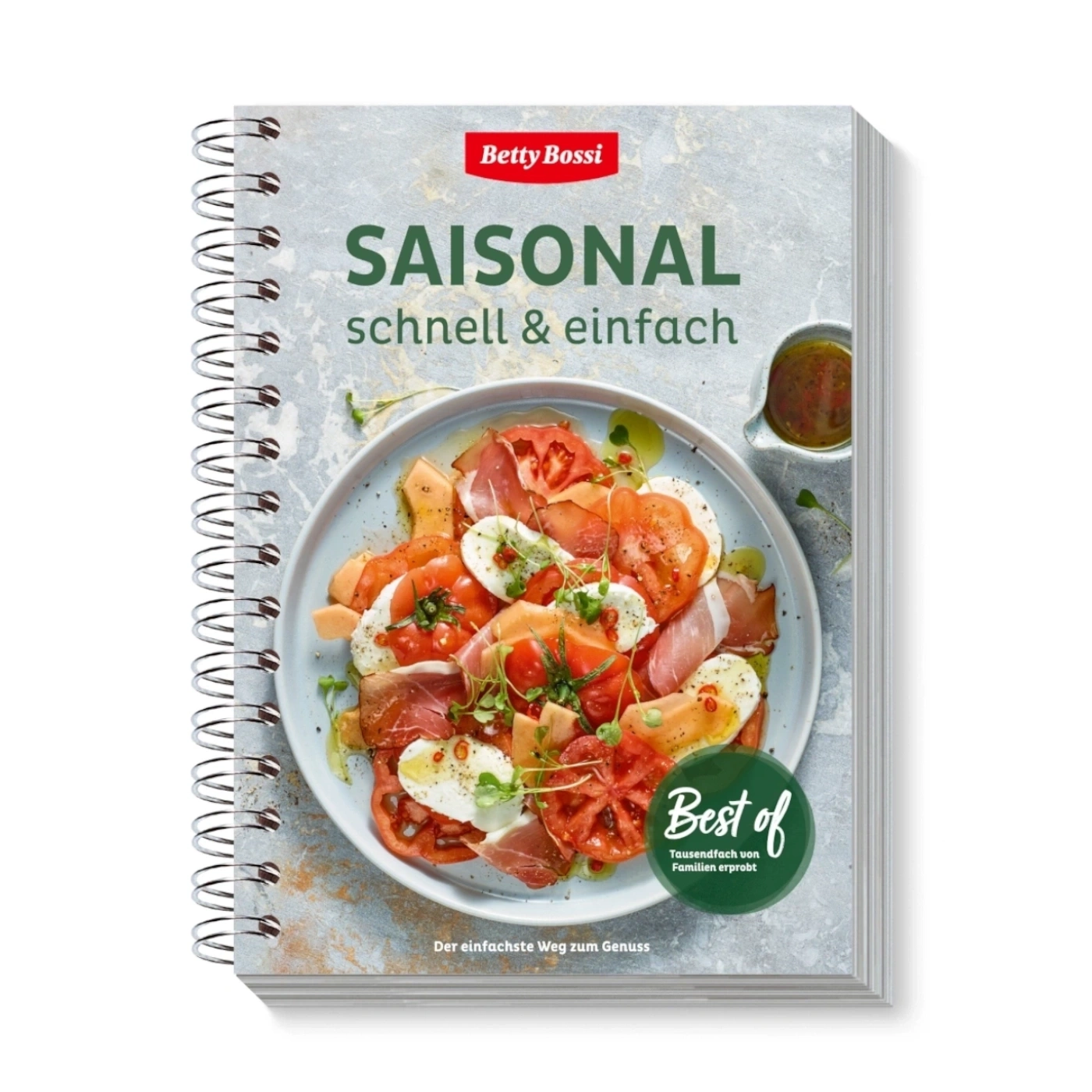 Livre de cuisine "Saisonal schnell & einfach" de Betty Bossi avec une assiette de salade Caprese