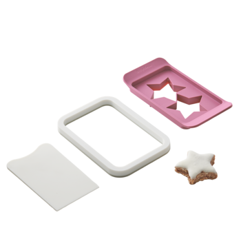 Keksform mit Sternen, rosa und weiß, mit Keks und Schaber