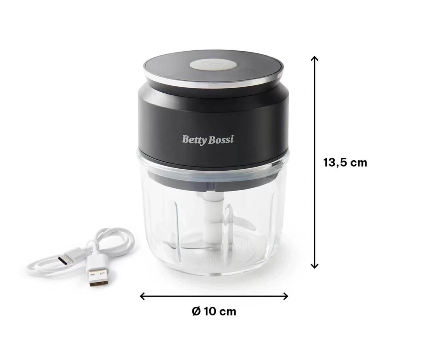 Un mixeur Betty Bossi noir avec câble USB et dimensions : 13,5 cm de hauteur et 10 cm de diamètre.