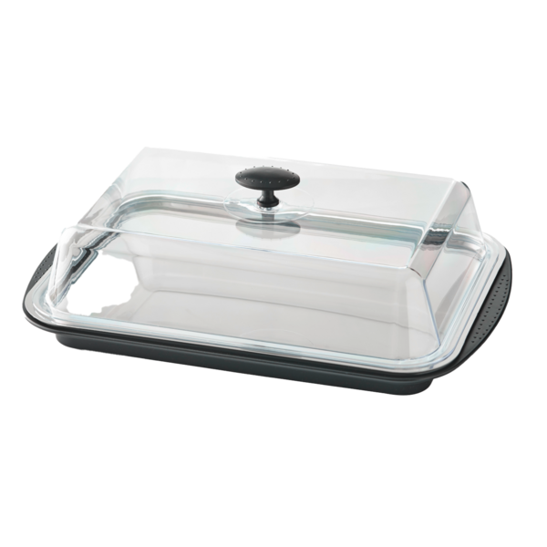 Plat de service avec couvercle transparent et noir, isolé sur fond blanc