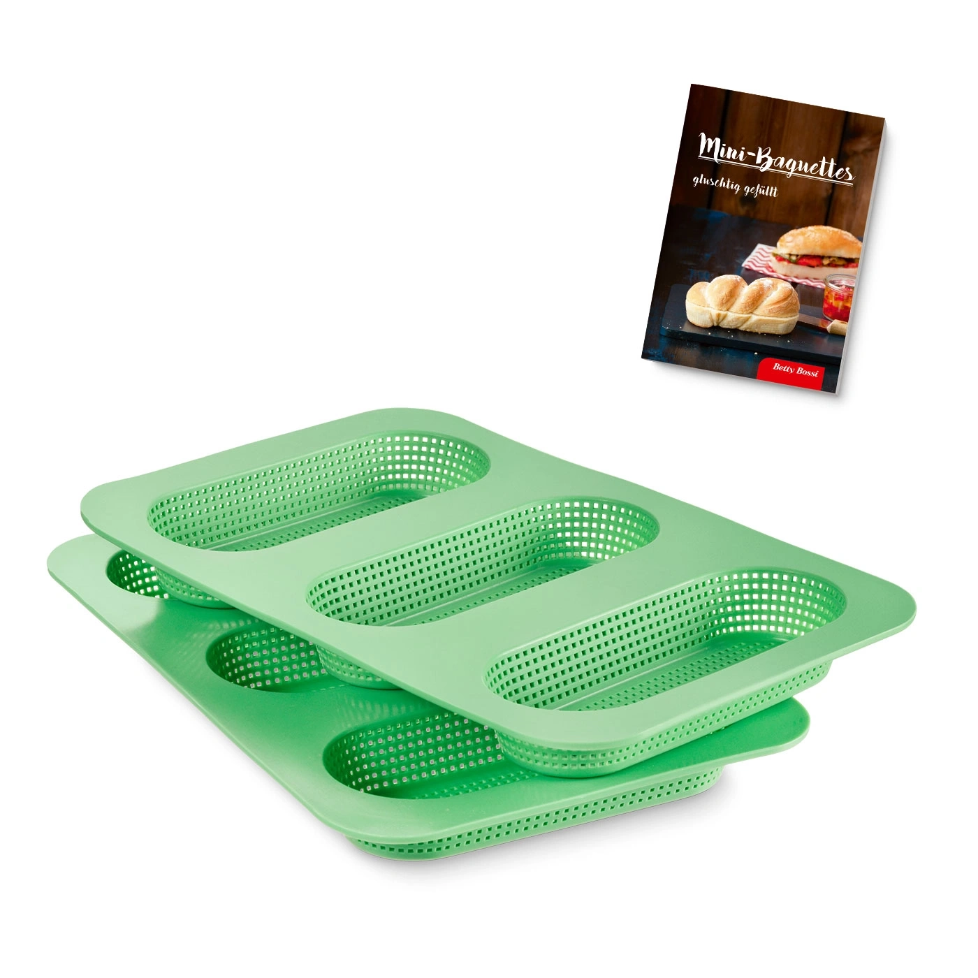 Grüne Backformen für Mini-Baguettes mit einem Rezeptbuch.