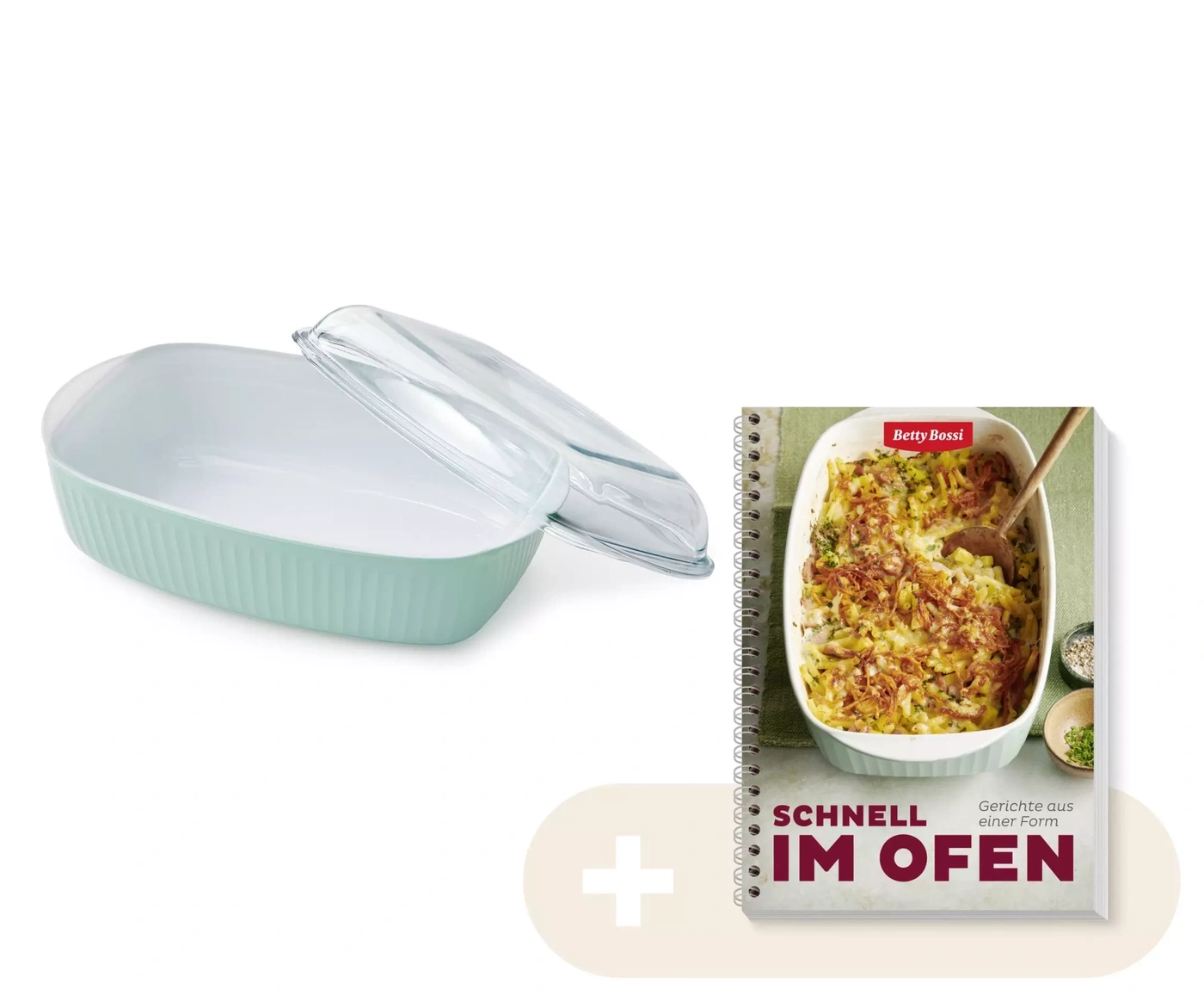 Plat à gratin avec couvercle et livre de cuisine "Schnell im Ofen"