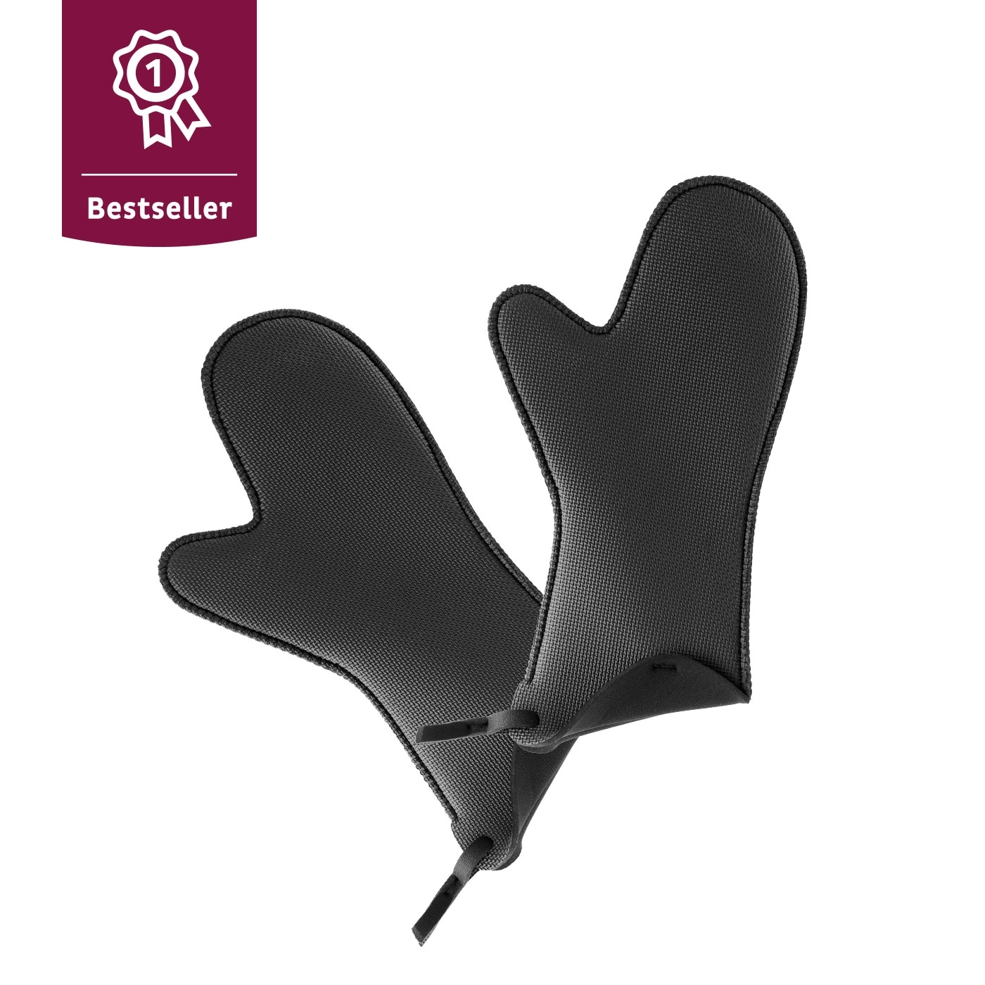 Schwarze Ofenhandschuhe, Bestseller-Auszeichnung, isoliert, Küche, Kochen, Backen.
