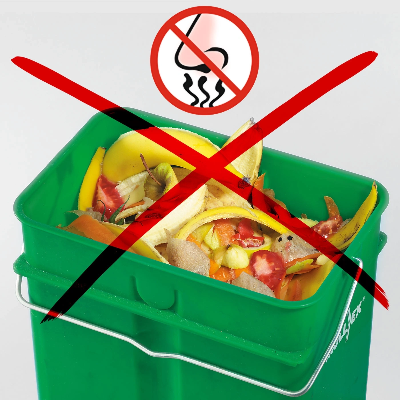 Poubelle avec restes de fruits et symbole d'interdiction d'odeurs.