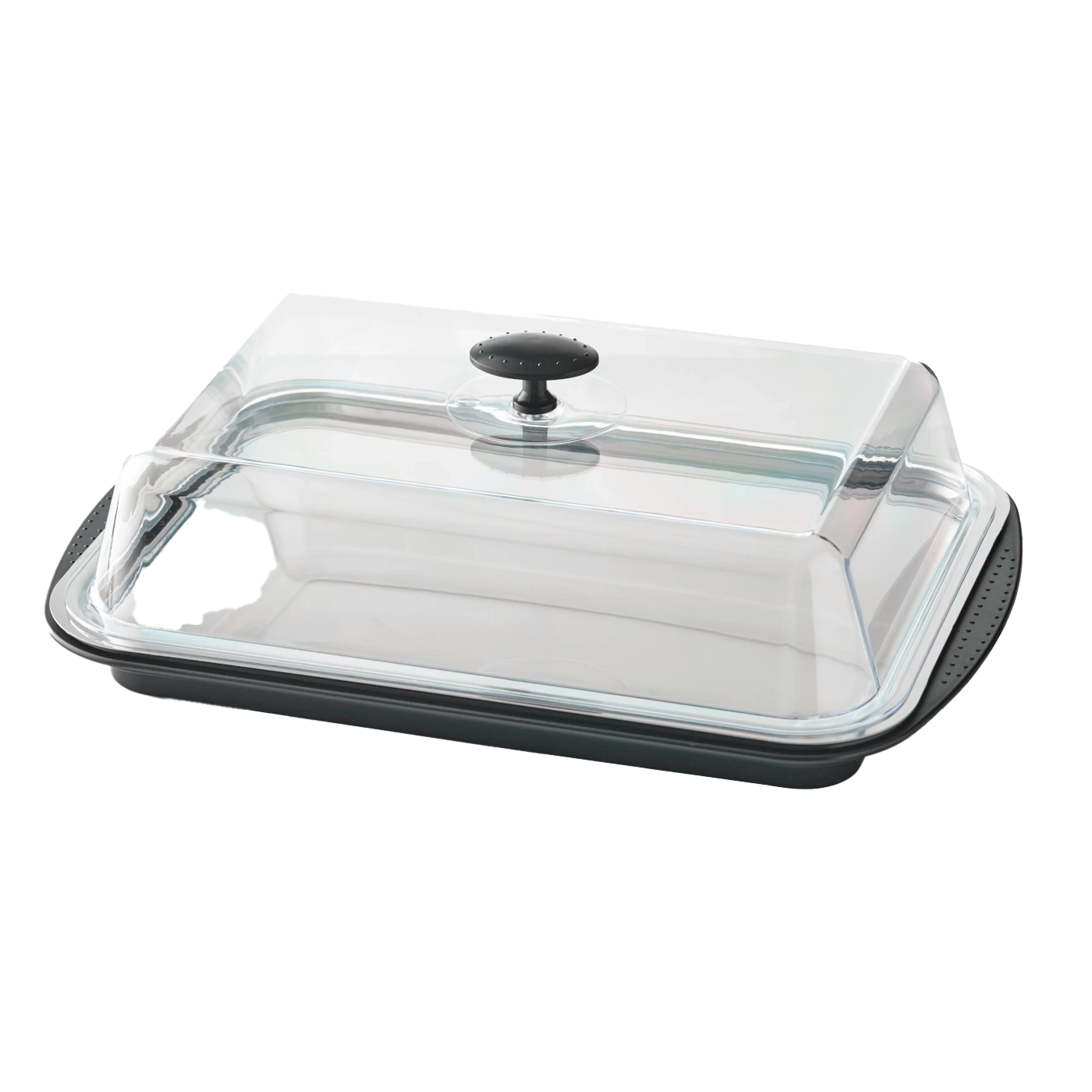 Plat de service avec couvercle transparent et noir, isolé sur fond blanc