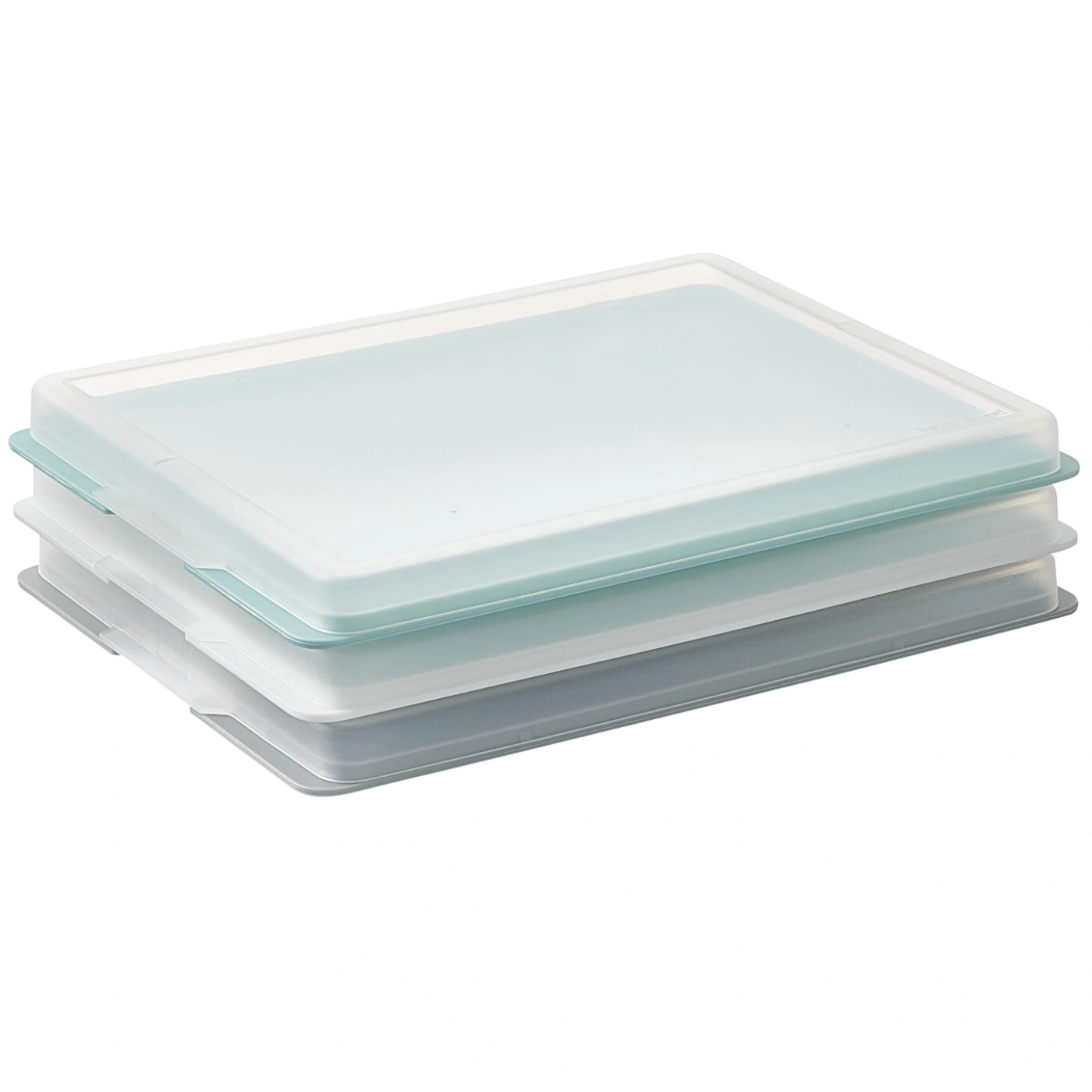 Trois boîtes rectangulaires empilables avec couvercles aux couleurs pastel.