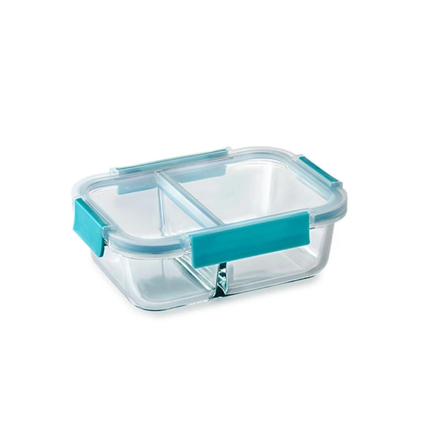 Transparente Lunchbox mit zwei Fächern und türkisfarbenen Verschlüssen